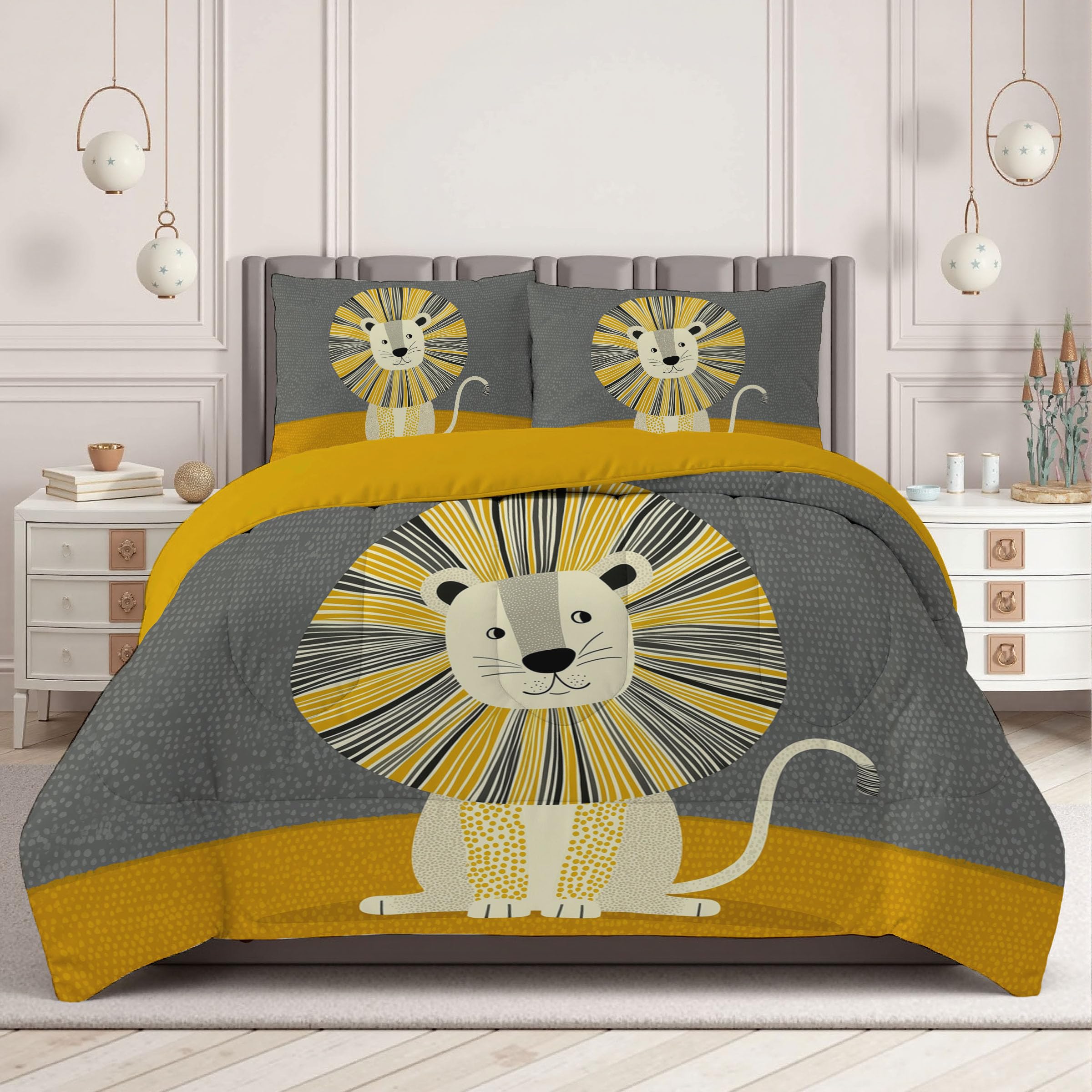 Trapunta Invernale in Ecopiuma, 240x220cm Set Piumone Bambino Imbottita 200 gr/mq Caldo e Morbido Piumino Trapuntato Leone Dei Cartoni Animati Coperta Letto Reversibile per 4 Stagioni, Giallo