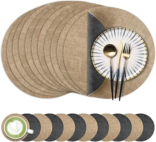 Miniatura 14 de Juego de 6 manteles individuales redondos de piel sintética de 13 pulgadas, impermeables, antideslizantes, de doble cara, resistentes al calor,