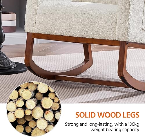 Miniatura 6 de Yaheetech Silla mecedora tapizada, silla de bebé Boucle Glider con respaldo alto y bolsillo lateral, sillón mecedor con patas de madera de goma para