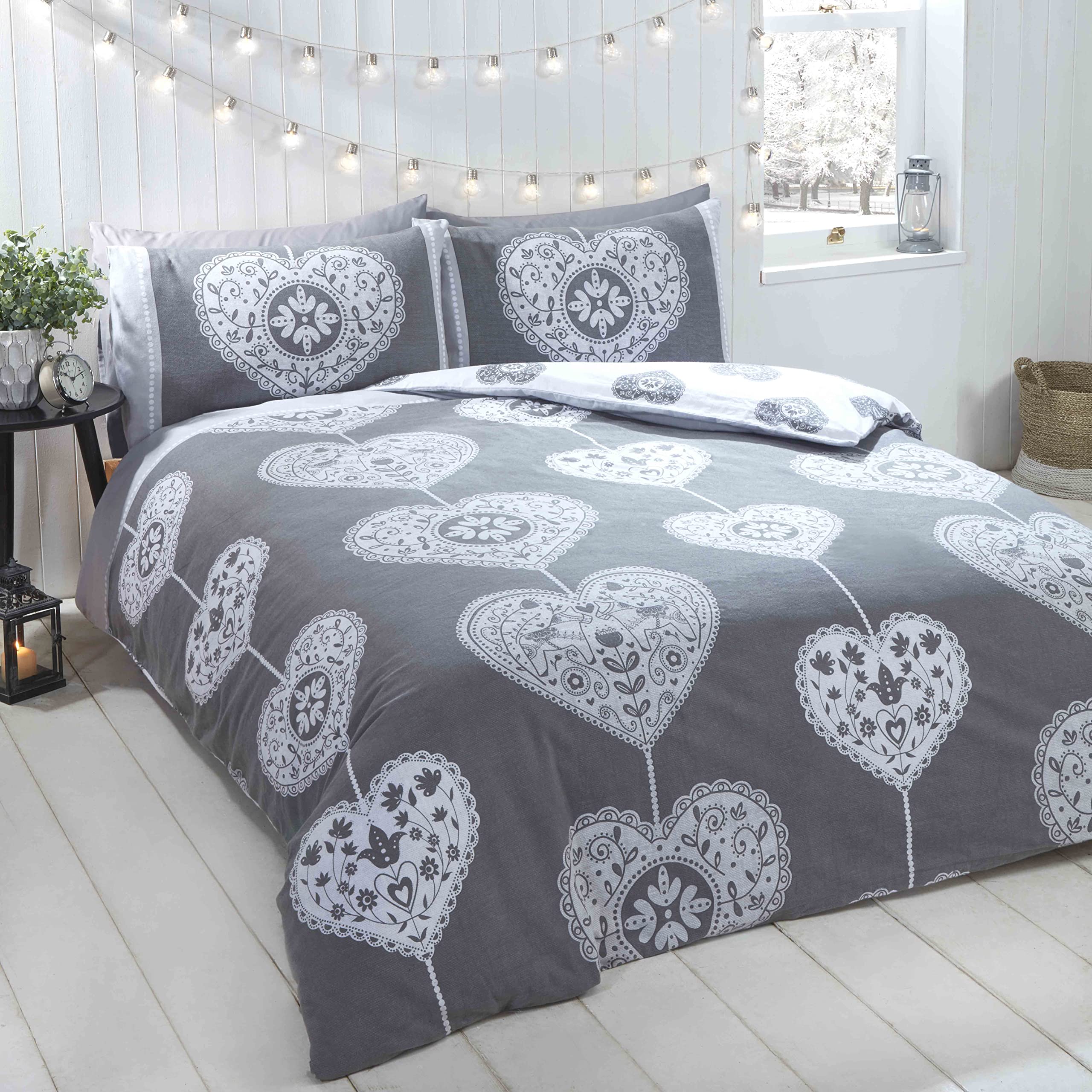 Rapport Home Scandi Heart BC Duvet Cover Set with Pillowcase - Double - Grey - 100% Brushed Cotton
