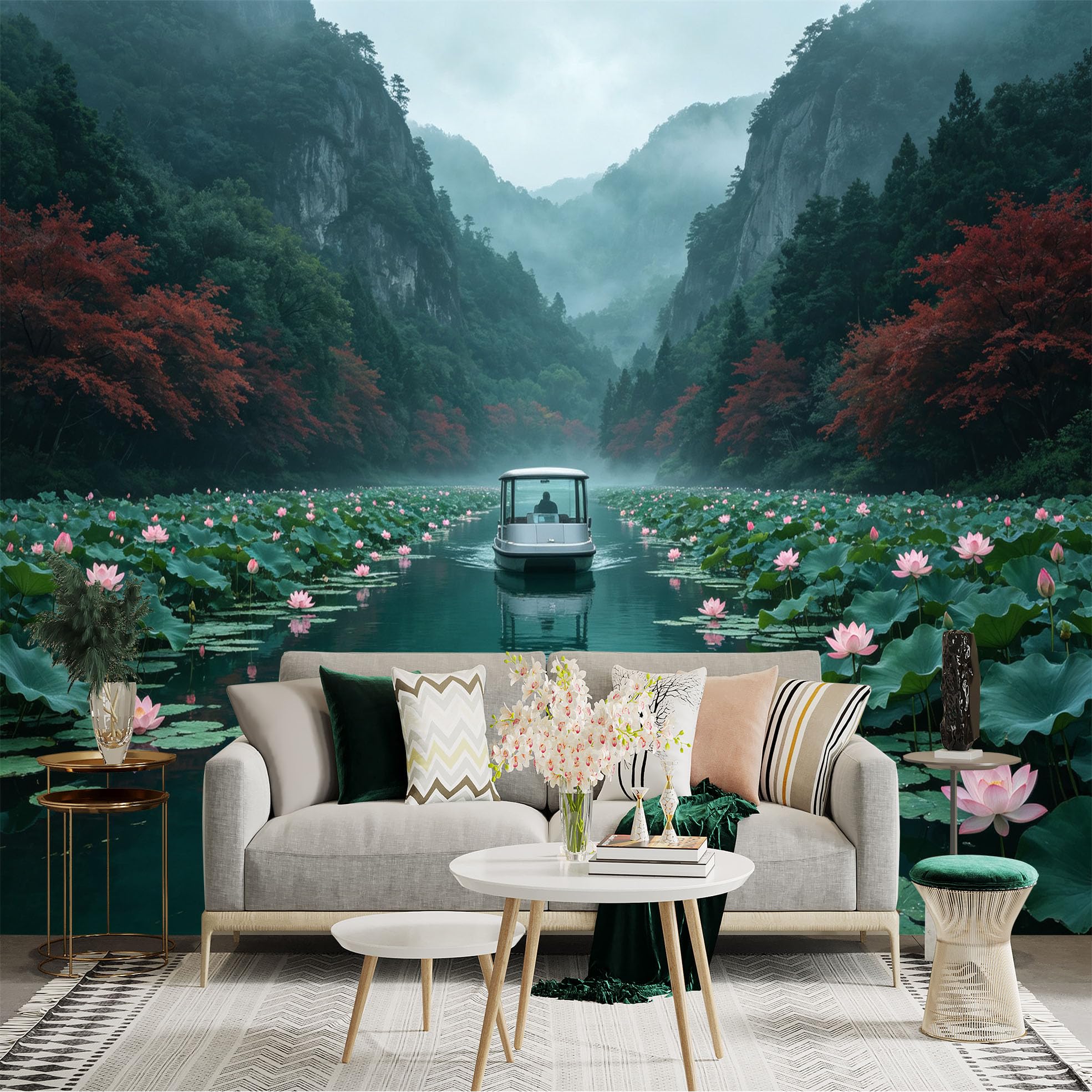Custom Size Wall Sticker Mural， Scenic River with Lotus Flowers， Misty Mountains， Small Boat and Mallard Duck， for wall Decoration， peelandstick wall Decals.