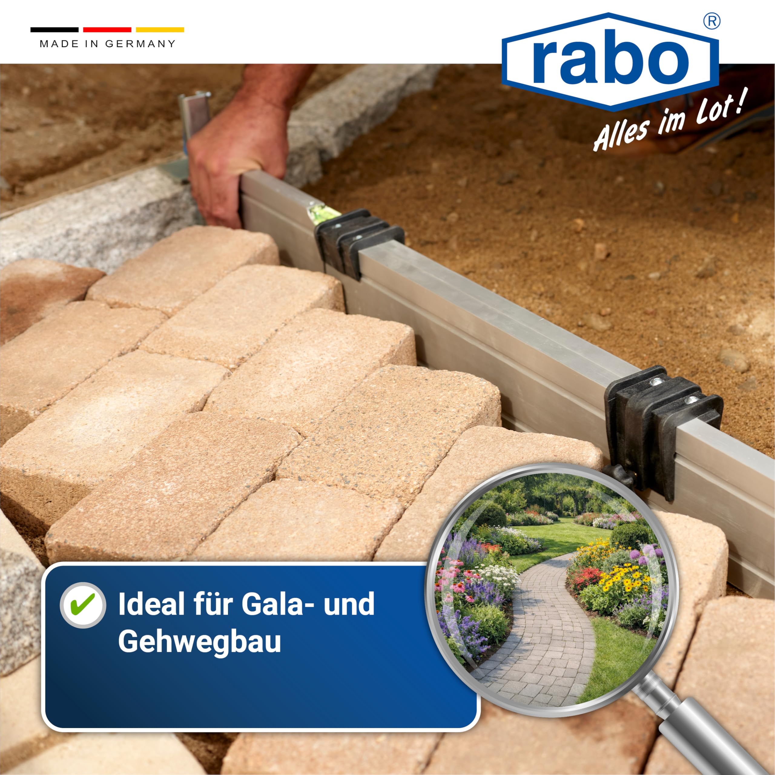 RABO Abziehschiene 2,30–4,00 m stufenlos verstellbar | zum Abziehen und Planieren von Splitt, Kies & Sand im Garten- und Landschaftsbau | mit 2 verstellbaren Höhenanschlägen C-Schiene (0–11 cm) | Alu