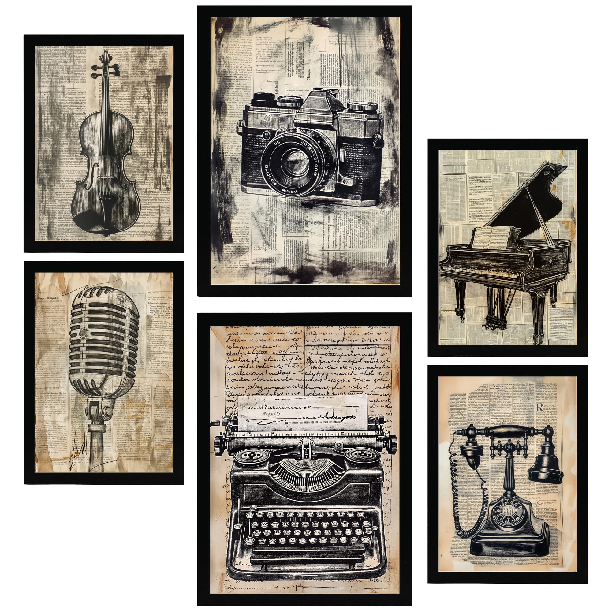 Nacnic Set de 6 Vintage love. Camera, micro, piano, violin, telephone Cuadros con ilustración de diseño para decorar las paredes del hogar. Habitación, oficina, tienda. A3 y A4. Marco negro