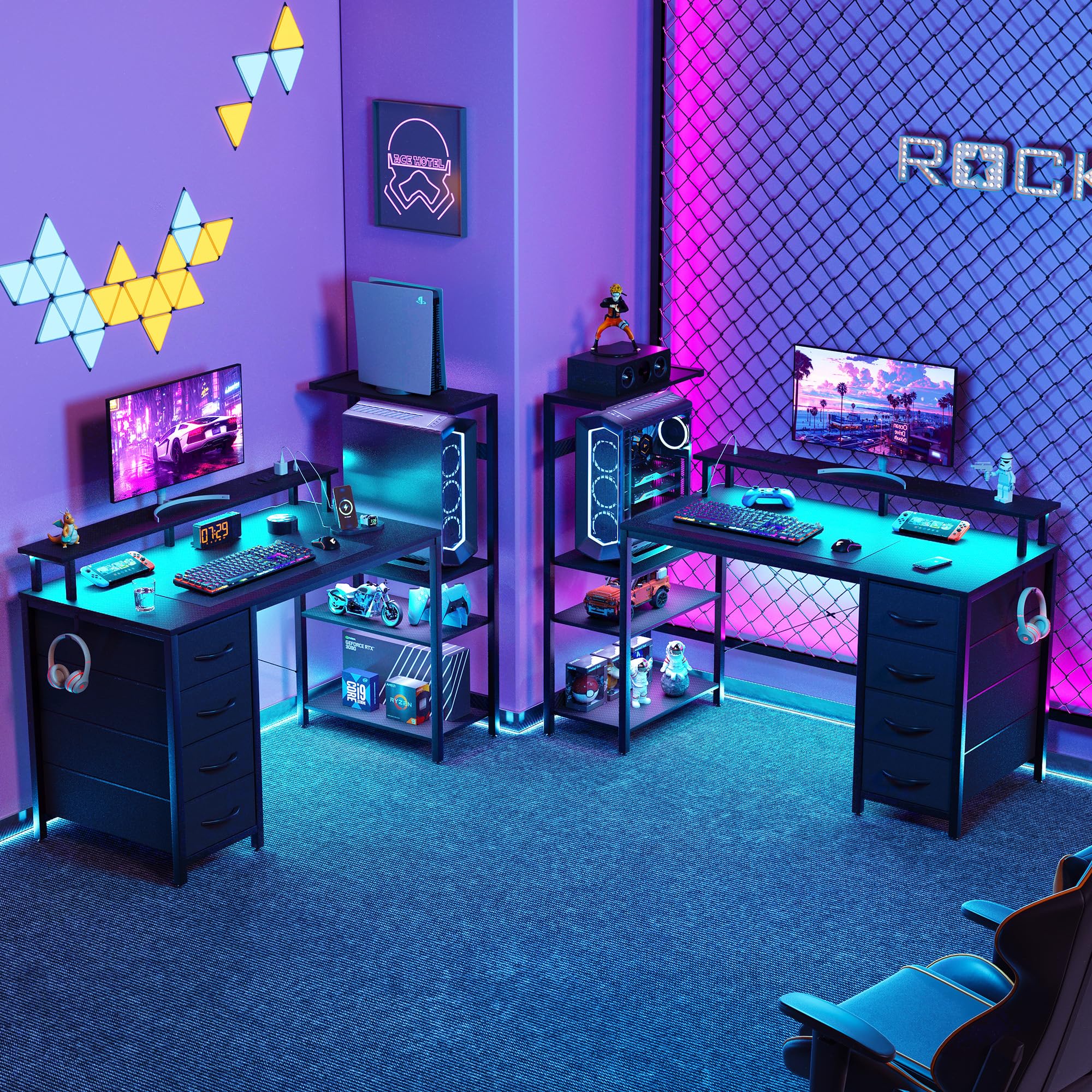 YOUDENOVA Bureau gaming avec 4 tiroirs en tissu, 130 x 48 cm, bureau d'ordinateur réversible avec LED et prise, bureau avec support moniteur, port USB, table PC pour home office et gamers, noir