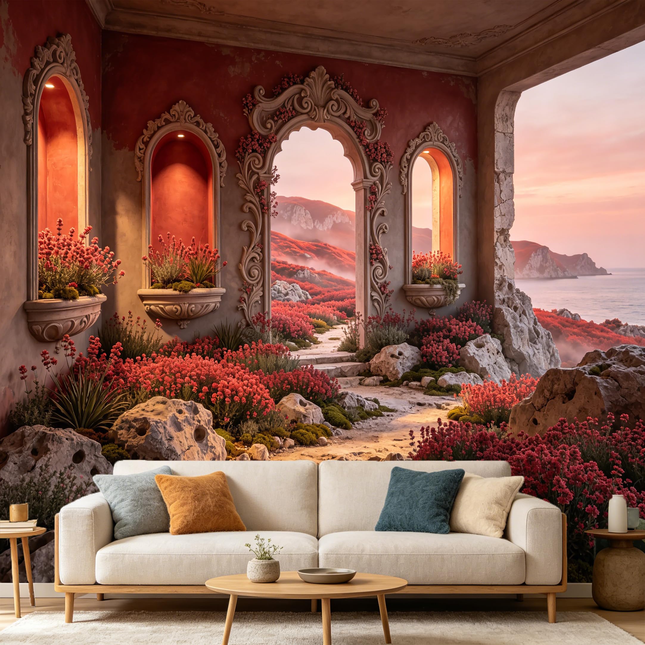 Custom Size Wall Mural， Vintage Neoclassical Archway Mediterranean Coastal Red Flower Landscape， SelfAdhesive Art Prints wall Fabric Removable Large Wallpaper Home Living Room Decor