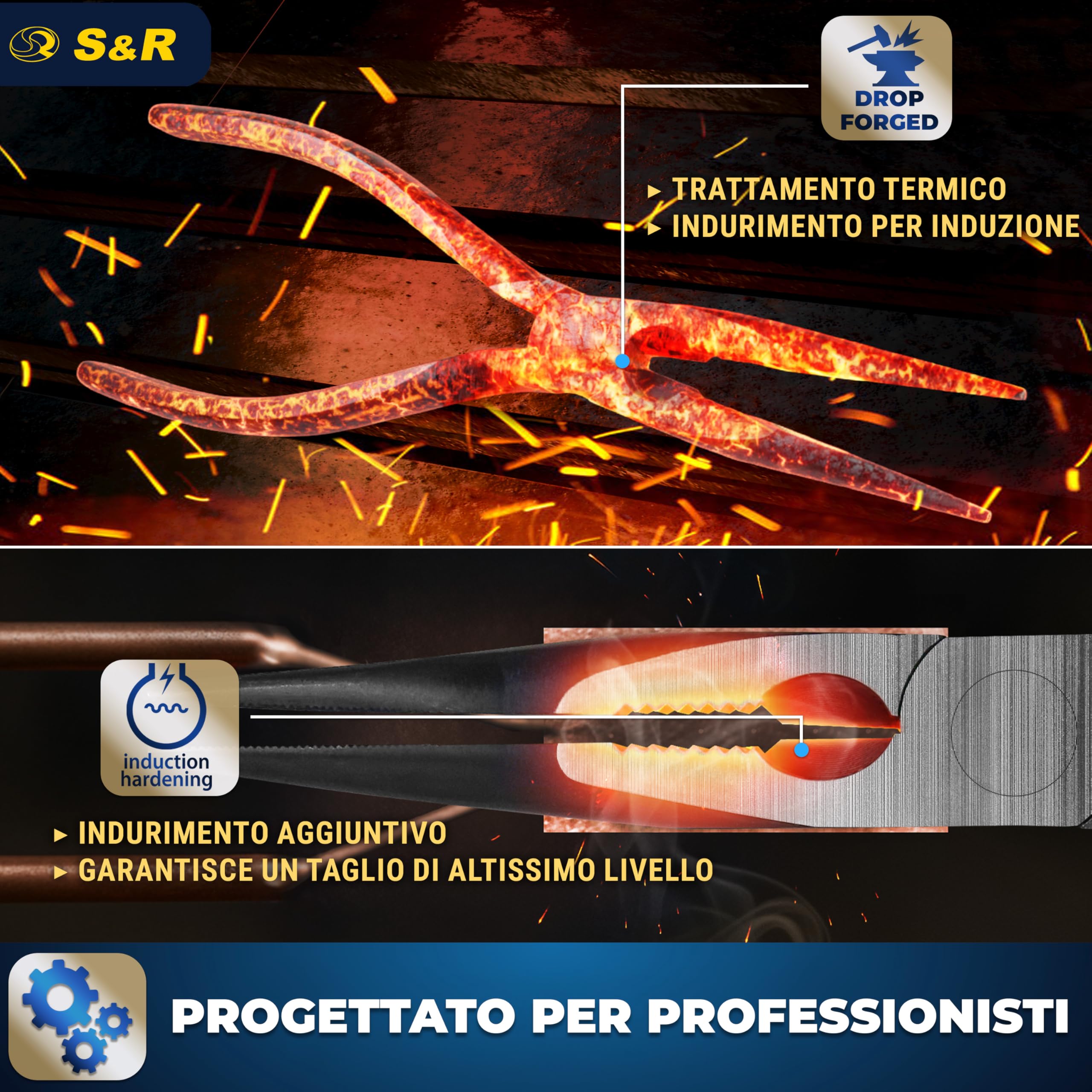 S&R Pinze a becco lungo certificate VDE. Pinza elettricista in acciaio al cromo-vanadio fosfatato.