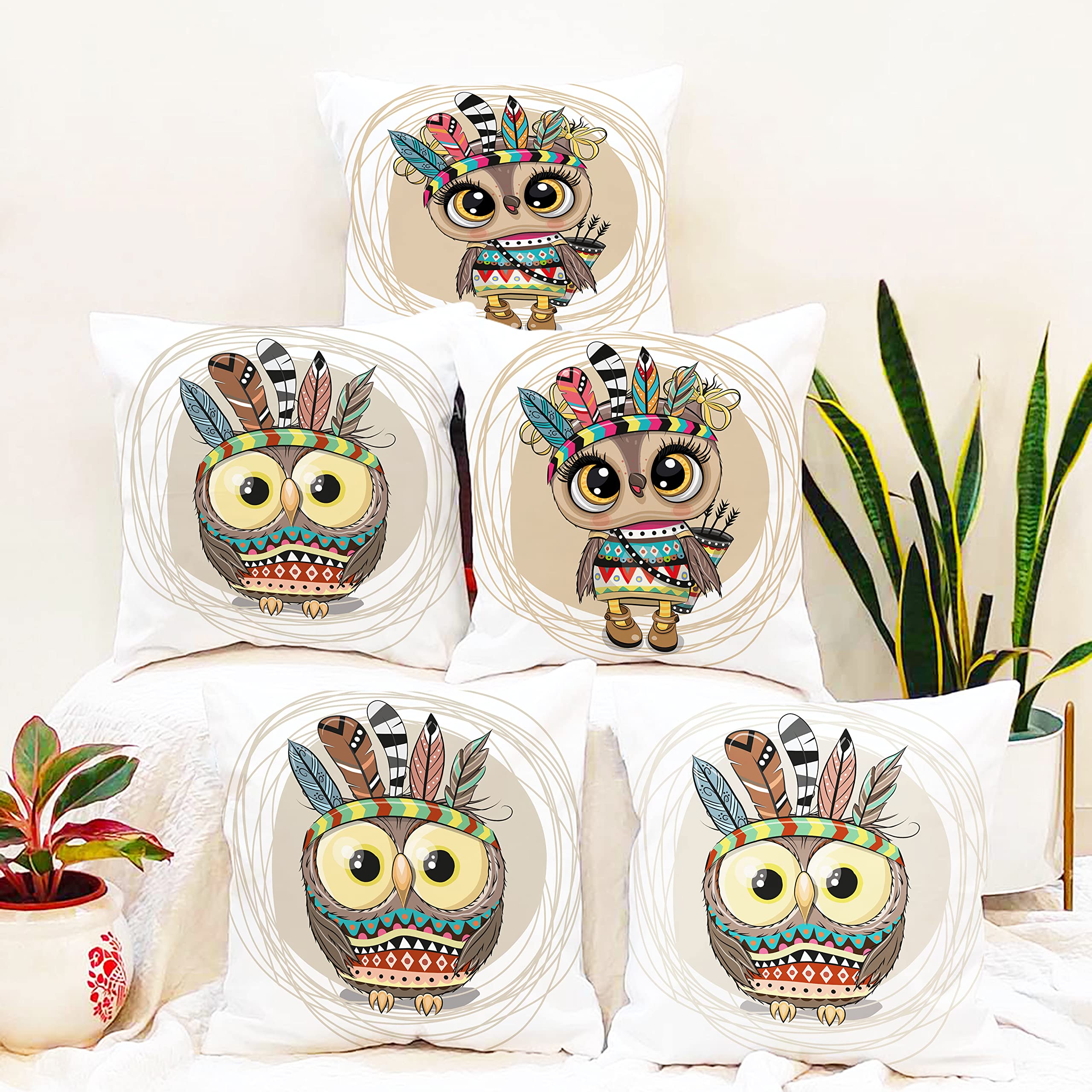 Amazon Brand Umi Amazon Brand - Umi. Owl Printed Cotton Canvas Cushion Covers, Set Of 5 ( 16 X 16 Inches )(Cushion Cover)