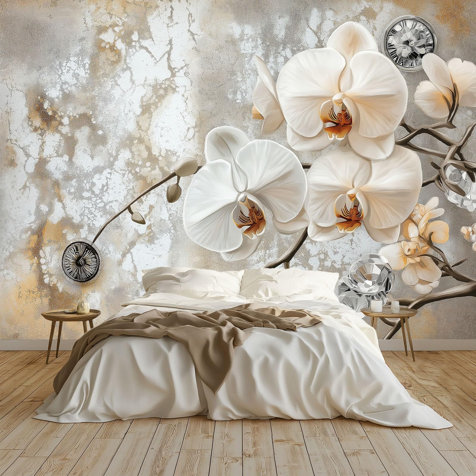 Papier peint panoramique orchidée blanche 3D trompe l'œil lavable pour chambre