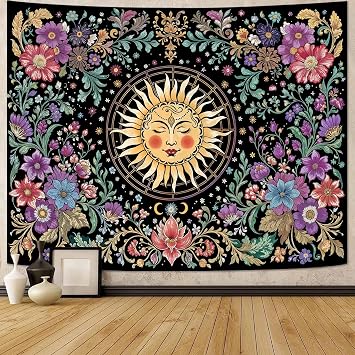 Rexful Sun Tapestry Wall Hanging Hippie Retro Floral Flowers Tapestries for Bedroom Aesthetic Vintage Sun tapestry Wall Art for Living Room, Bedroom, Dorm purple, 4836