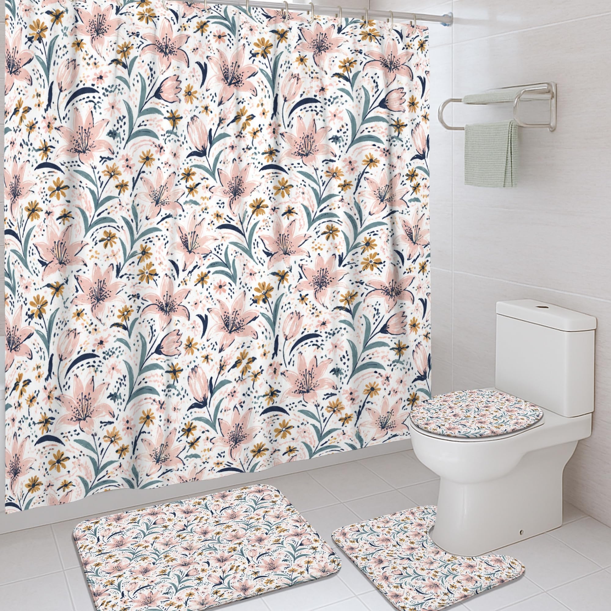 Rideau de douche floral 183x183 cm avec tapis pour dortoir