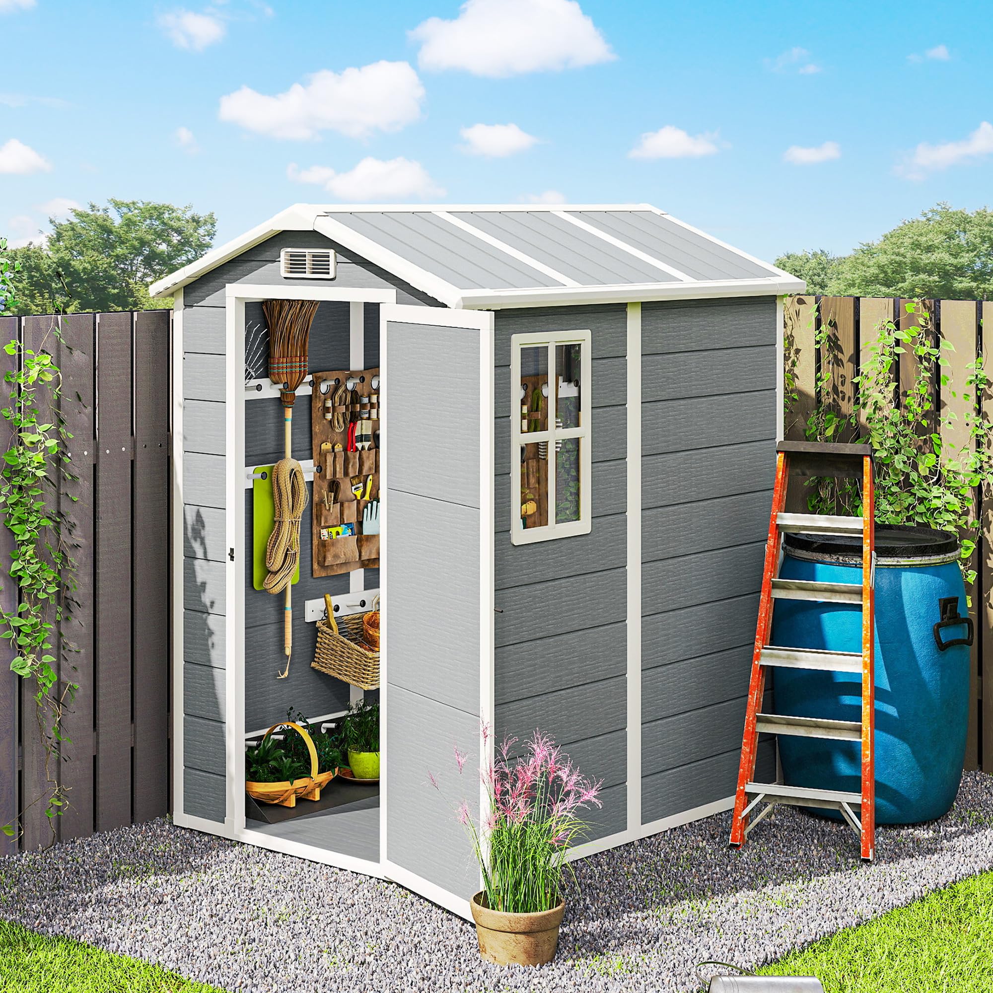 Outsunny Caseta de Jardín Exterior con Suelo 2,1 m² 131x186x198 cm Gris | Cobertizo de Jardín Exterior, Puerta Corredera, Ventana, Techo Inclinado, para Almacenamiento de Herramientas