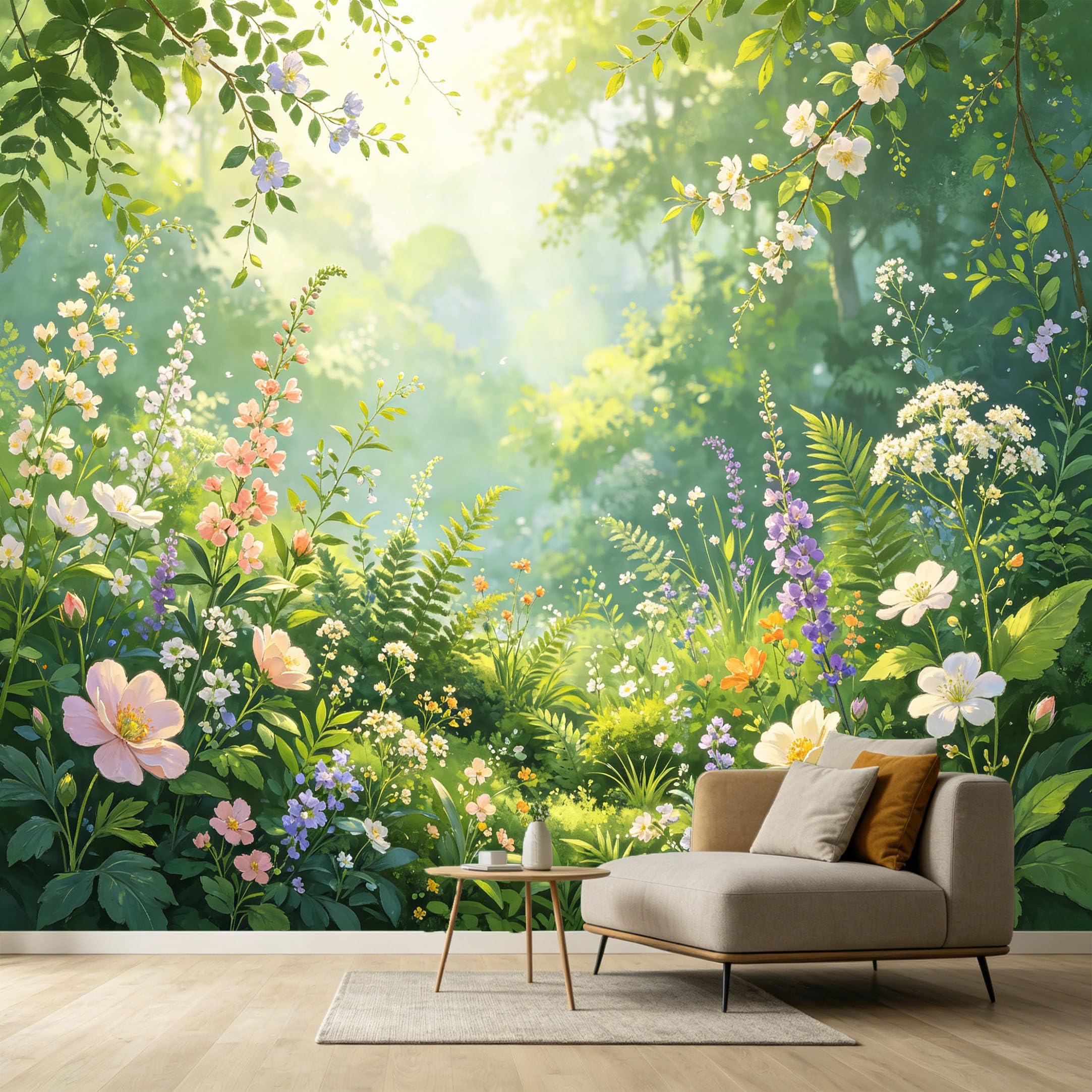 Custom Size Wall Murals Botanical Forest Sunlight Wildflowers Watercolor Nature Elements SelfAdhesive Wall Fabric Removable Large Wallpaper for Photo Living Room