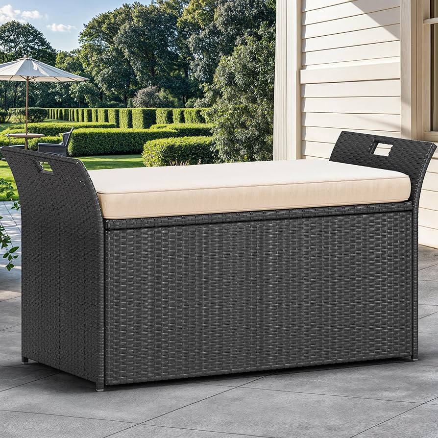 UWR-Nite Outdoor Wicker Storage Bench W/Cushion, Large PE Rattan Deck