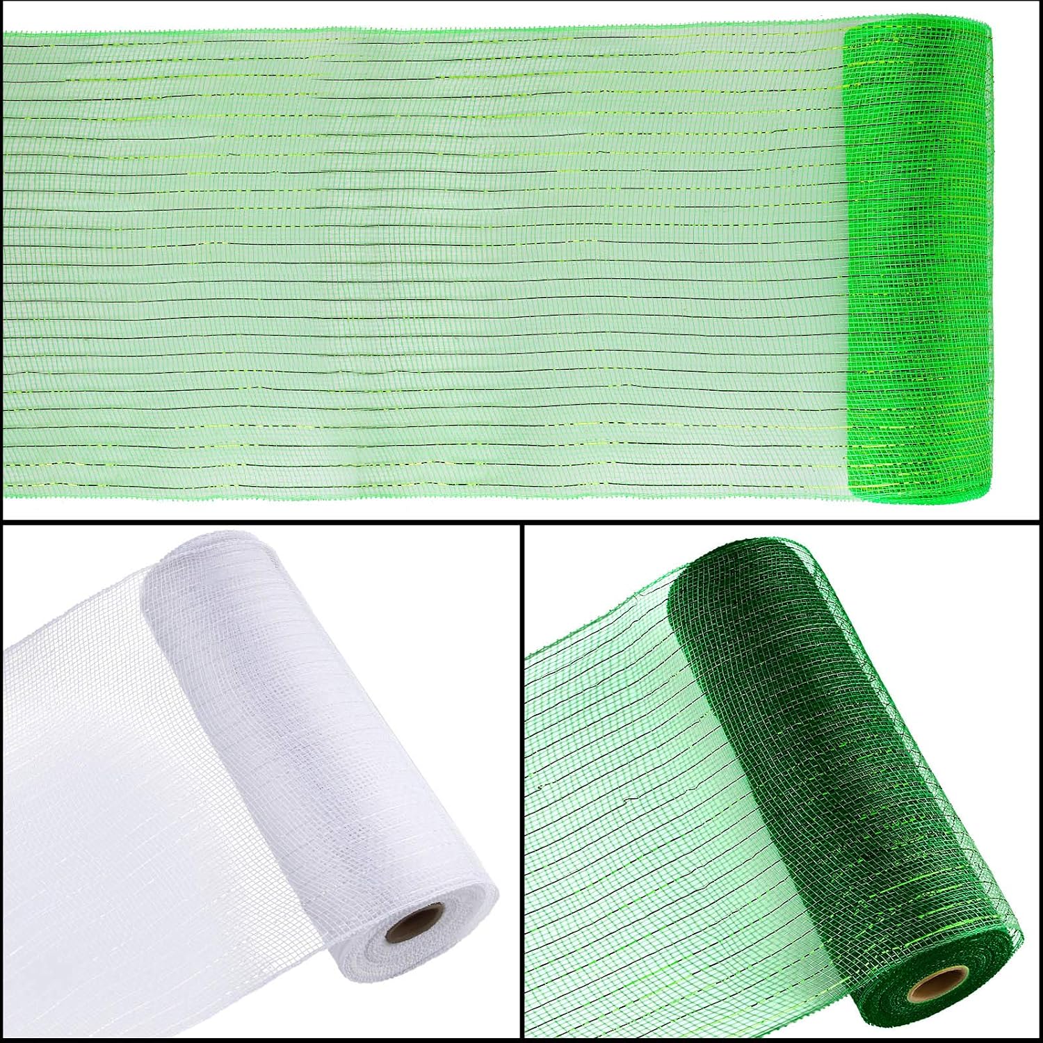 Aneco 3 Rolls Decor Poly Mesh Ribbon 10 Inches x 10 Yards 3 Colors Green, White, Dark Green Christmas Mesh Rolls Metallic Foil Rolls for DIY Project, Christmas Decoration Wreaths