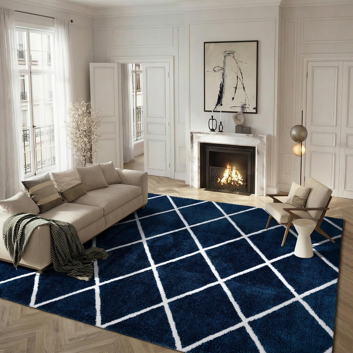 SAFAVIEH Area Rug 8x10 - Tahoe Shag Collection - Large - Navy & White, Trellis Pattern, Non-Shedding & Easy Cleaning, Plush Thick Pile, Ideal for Living Room, Bedroom, Dining Space (THO676N)