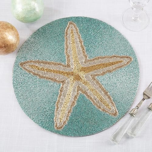 Miniatura 3 de Fennco Style - Mantel individual costero con cuentas de estrella de mar de 15 pulgadas, redondo, 1 pieza, tapete de mesa Aqua Sea Life para