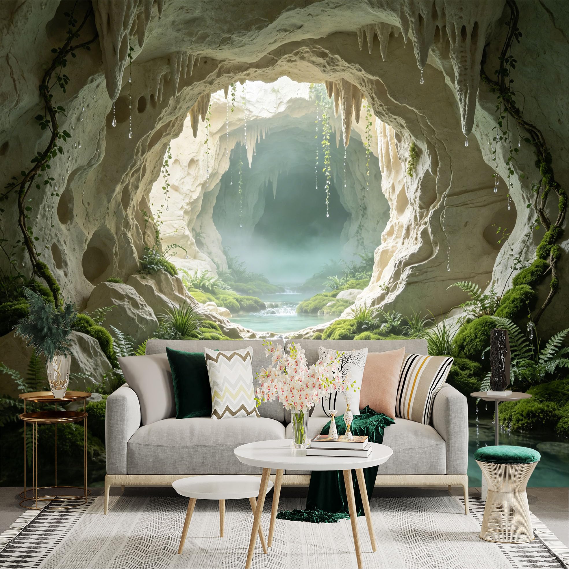 Custom Size Wall Sticker Mural， Tranquil Cave with Waterfall Stream and Green Moss， for wall Decoration， peelandstick wall Decals.