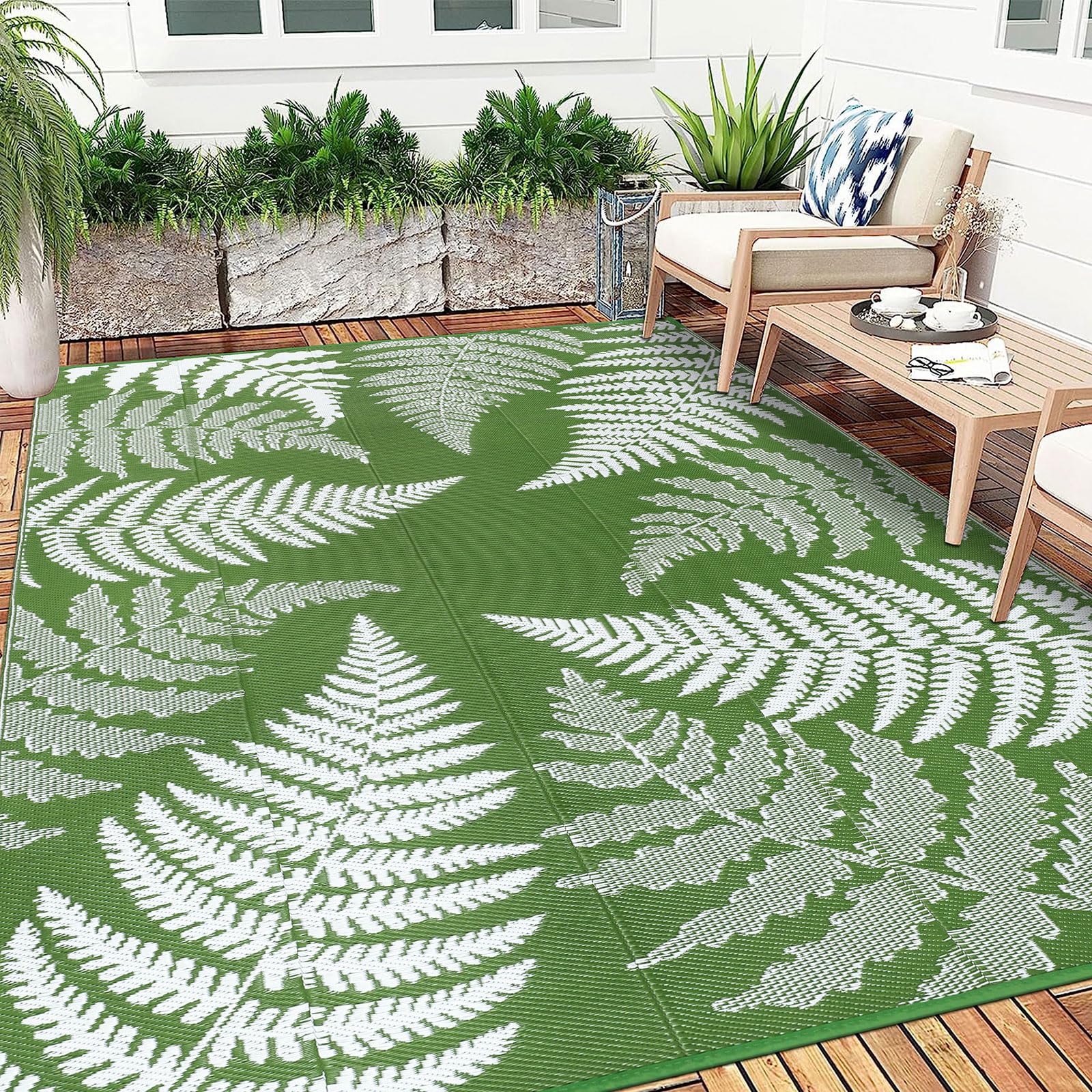Ileading Reversible Plastic Outdoor Rug Fern Leaves Straw Mat,Waterproof Patios Carpet 6x9ft Non Shedding Portable Decor Area Rugs for Deck RV Picnic Beach Backyard(Green)
