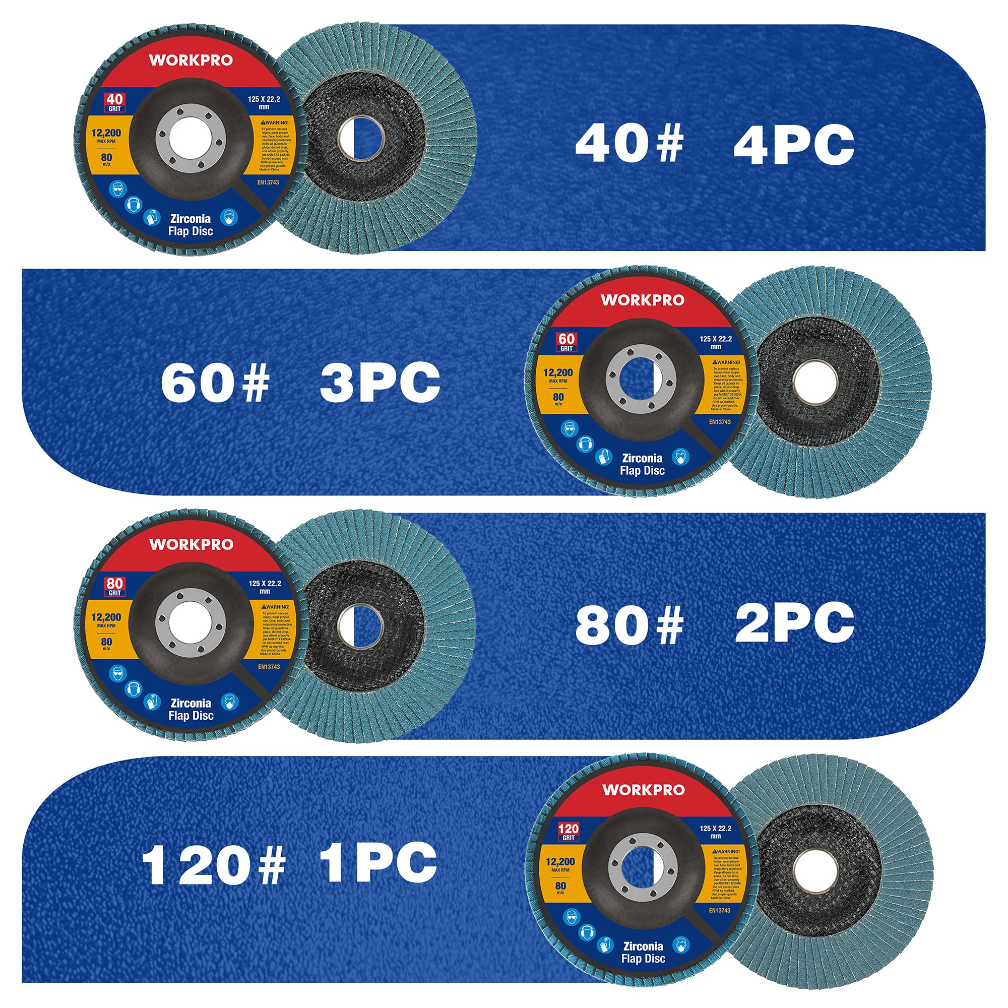 WORKPRO Lot de 10 Disques Abrasifs à Lamelles 125 mm, Grain 40-60-80-120, Disques à Meuler en Alumine de Qualité Supérieure pour Enlever les Ébarbures, la Rouille, le Polissage et la Finition