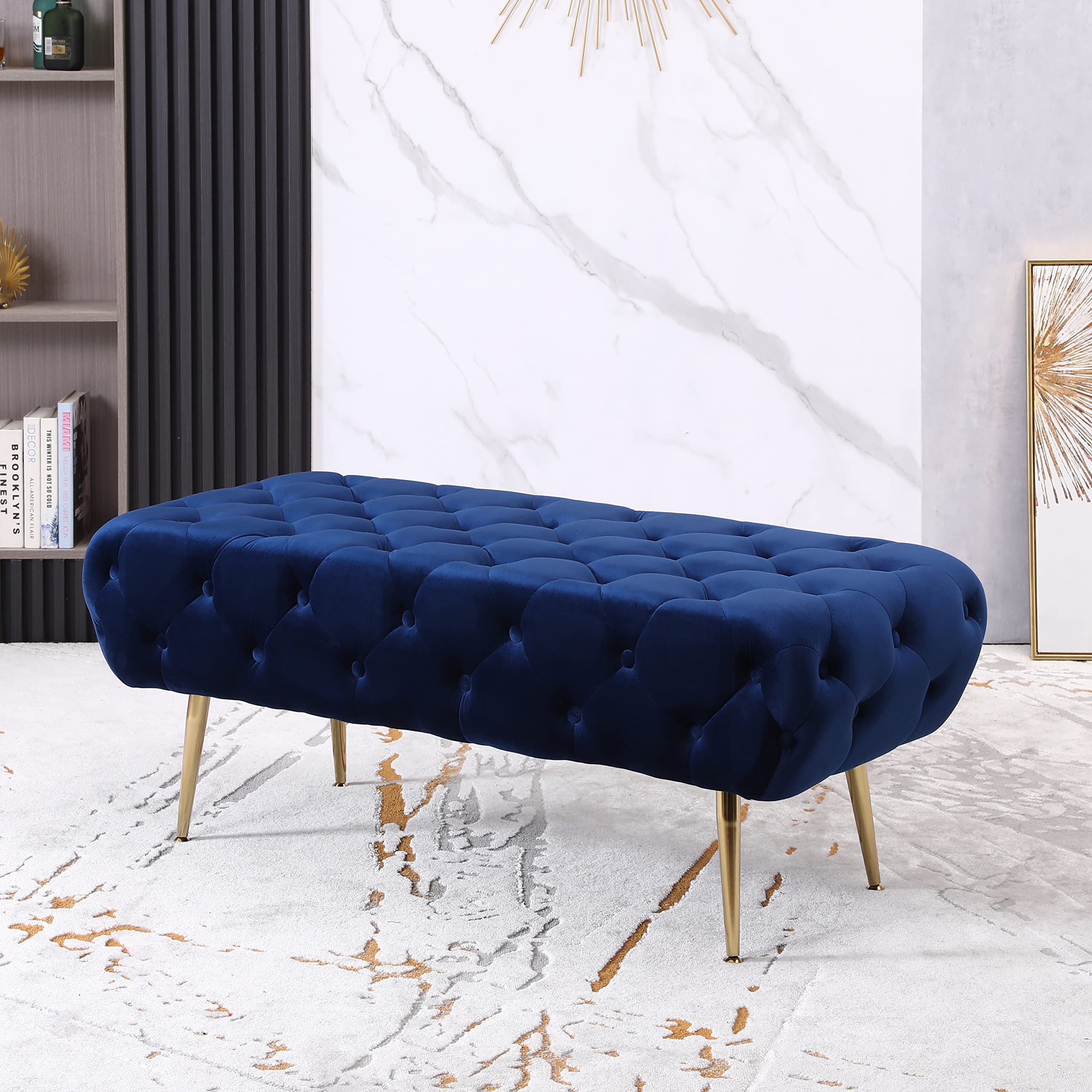 Velvet Button Tufted Bench with Gold Metal Legs, Blue