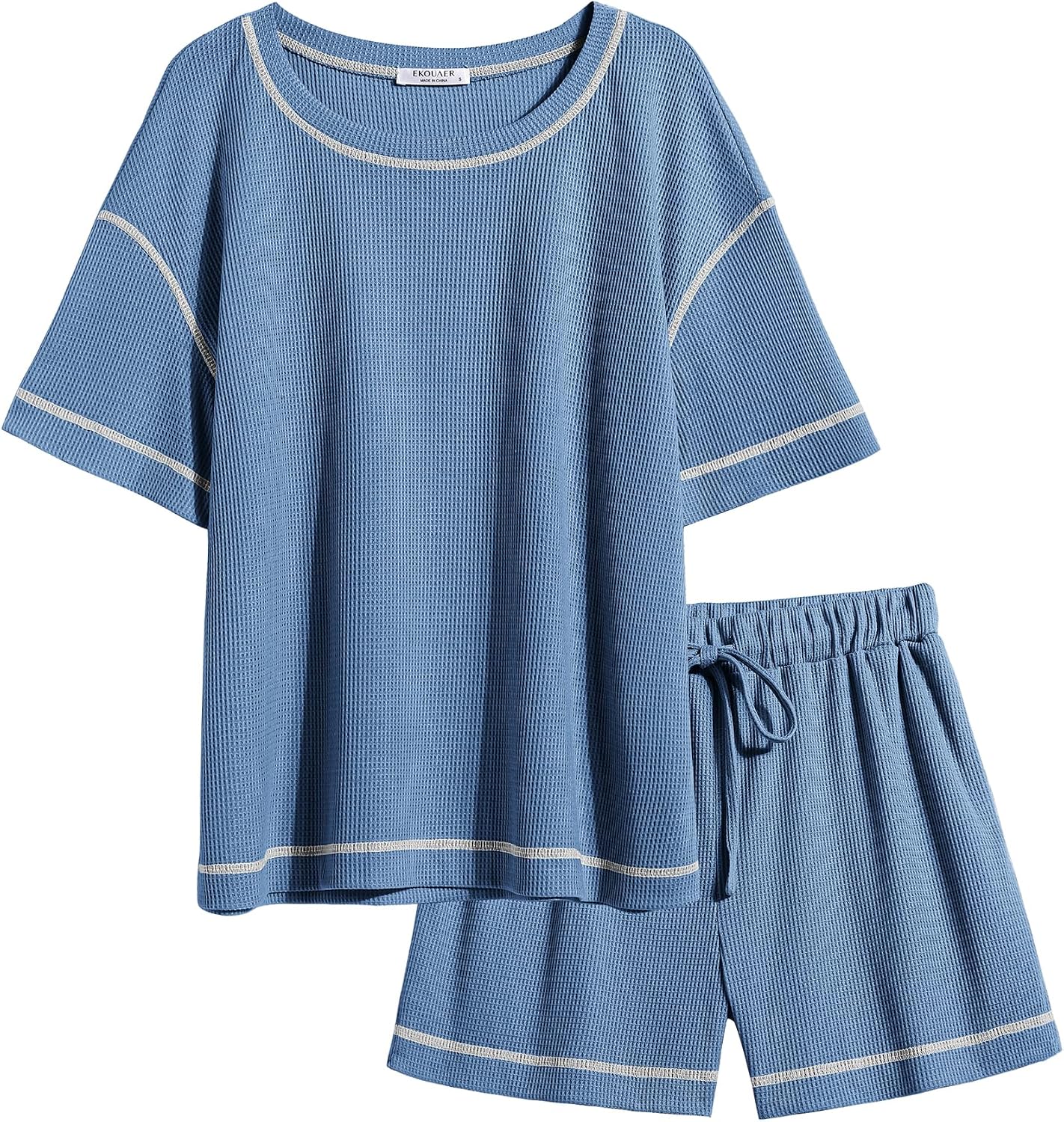 Ekouaer Women's Waffle Knit Two Piece Lounge Set, Soft Matching Outfits for Daily Wear, Casual Shorts Set with Pocket
