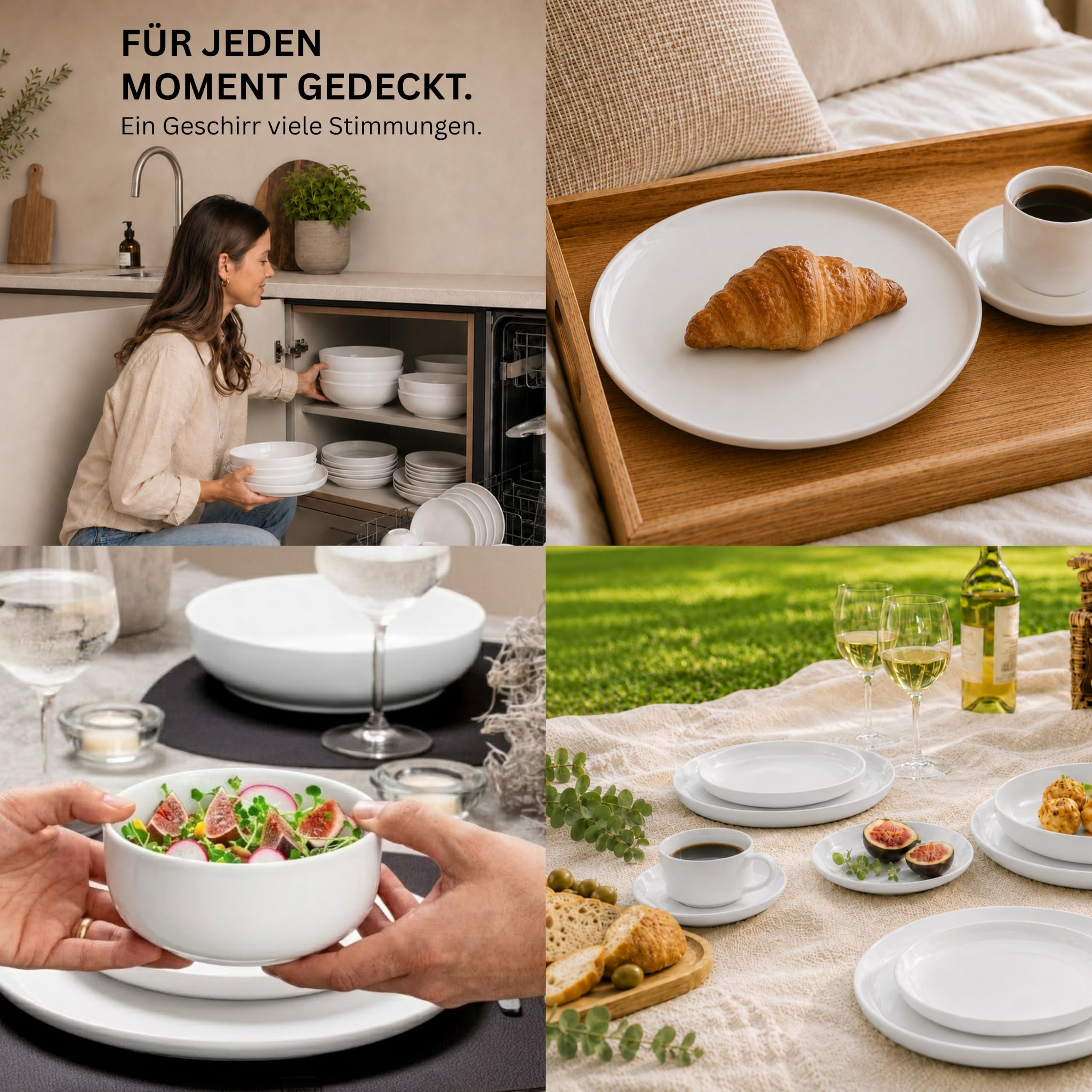 SÄNGER | Kombiservice Marlo Weiß, 30-teiliges Geschirrset für 6 Personen mit Speise-, Dessertteller, Schalen, Müslischalen und Kaffeebechern aus Porzellan, moderne Form |PREMIUM COLLECTION