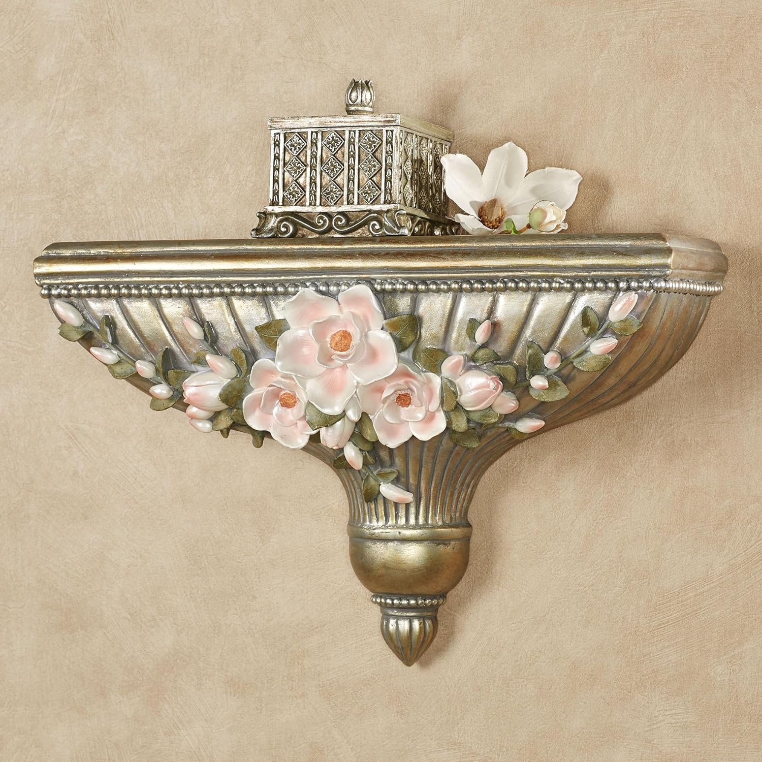 Touch of Class Magnolia Elegance Wall Shelf - Champagne Gold - Resin - Decorative Shelving for Bedroom, Living Room, Bathroom, Hallway, Entryway - Elegant Organizer Decor