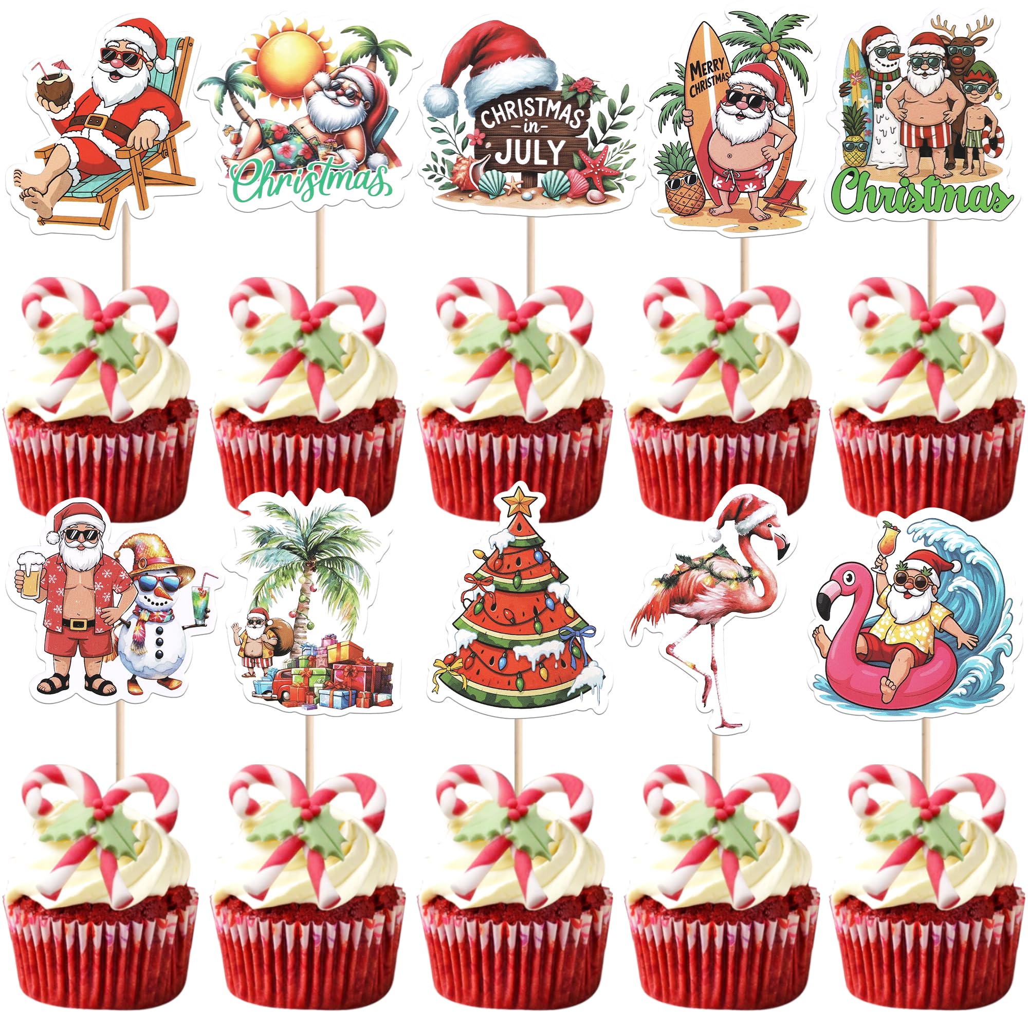 40 Pack Summer Christmas Cupcake Toppers Christmas Party in July Party Decorations Santa Claus Flamingo Cupcake Picks for Summer Beach Pool Hawaiian Theme Party Cake Decorations Supplies