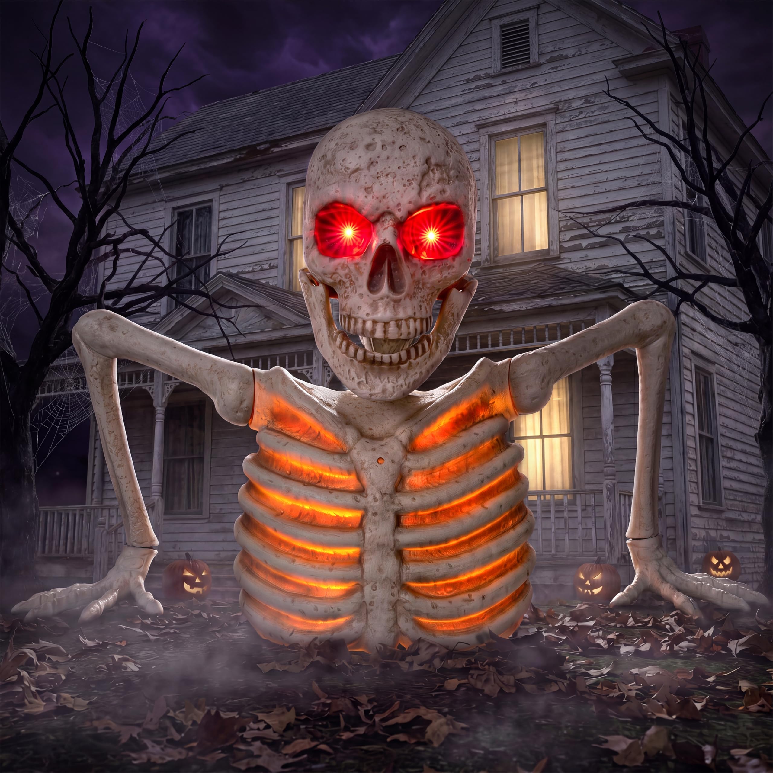 JOYIN Halloweenowe dekoracje szkieletowe, podświetlane, animowane, gigantyczne szkielety, cmentarz z czujnikiem podczerwieni, przerażający dźwięk, straszna dekoracja na zewnątrz, Halloween, do