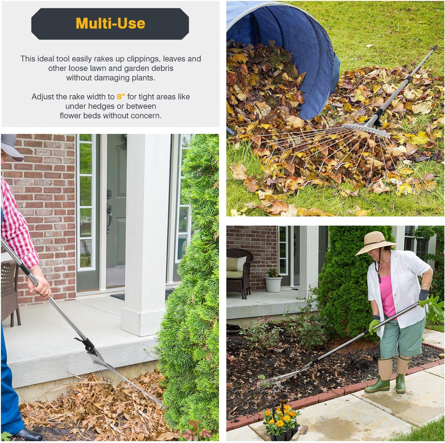 ORIENTOOLS Steel Leaf Rake, Telescopic Leaves Rake with Adjustable 8”- 23” Folding Head and Comfortable Grip Handle (15 Tines,32 to 63 inches)