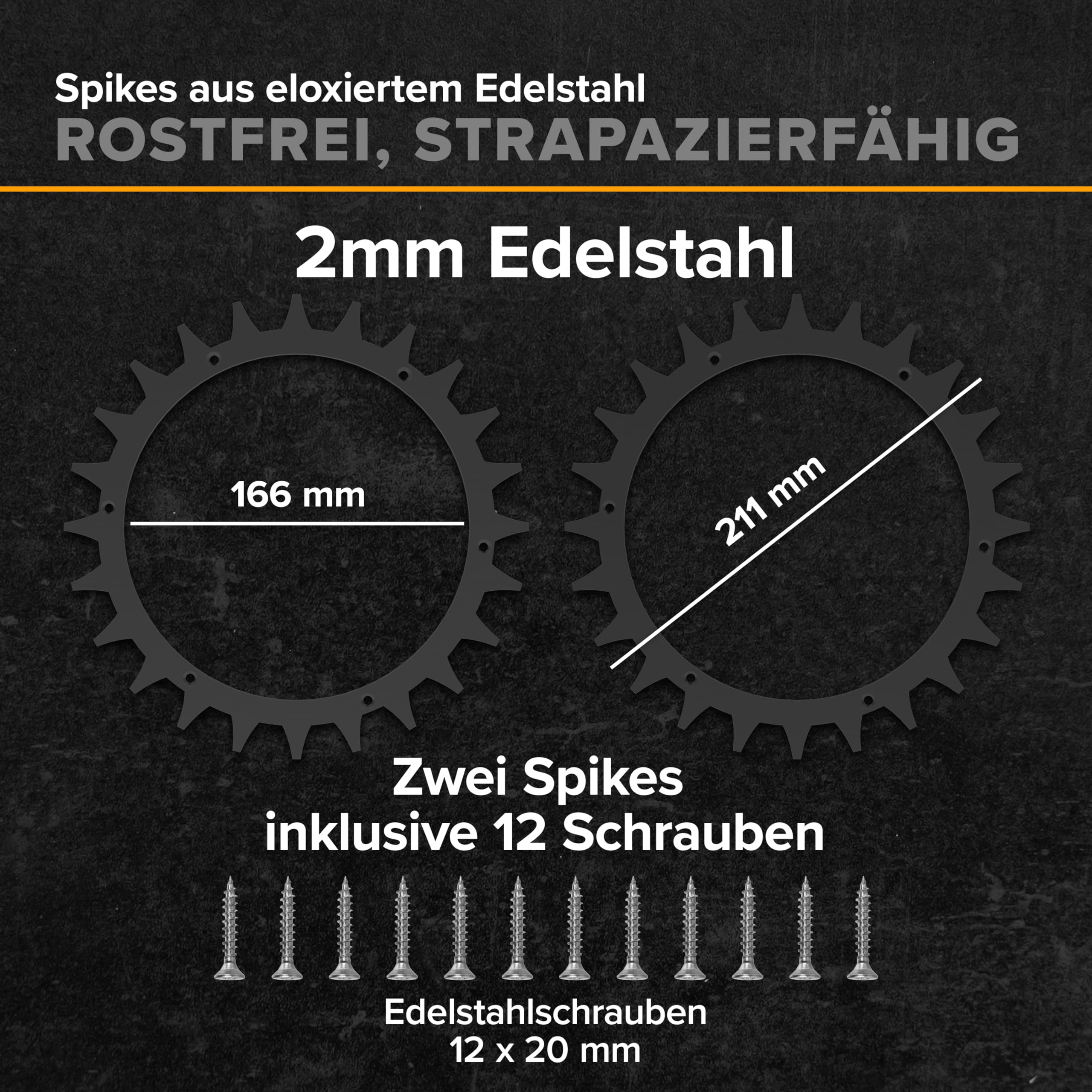 Edelstahl Spikes schwarz für alle Worx Landroid S/M und Plus Modelle – 2 mm Edelstahl Traktionsspikes (⌀211mm) – Mähroboter Zubehör inkl. 12 Edelstahlschrauben – entgratet und poliert von ROBO CLAWS