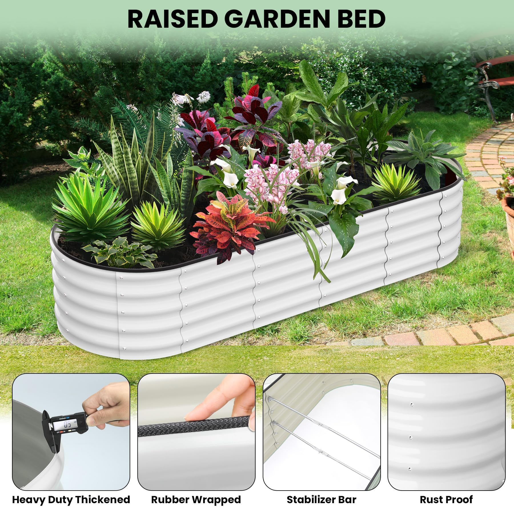 Huerto Elevado Ovalado y Circular de Pie para Exterior, Jardinería en Terraza, Balcón, Jardín, Grosor 0,7 mm, para Tomates, Verduras, Flores, Hierbas Aromáticas, 8x2x2FT, Blanco Crema