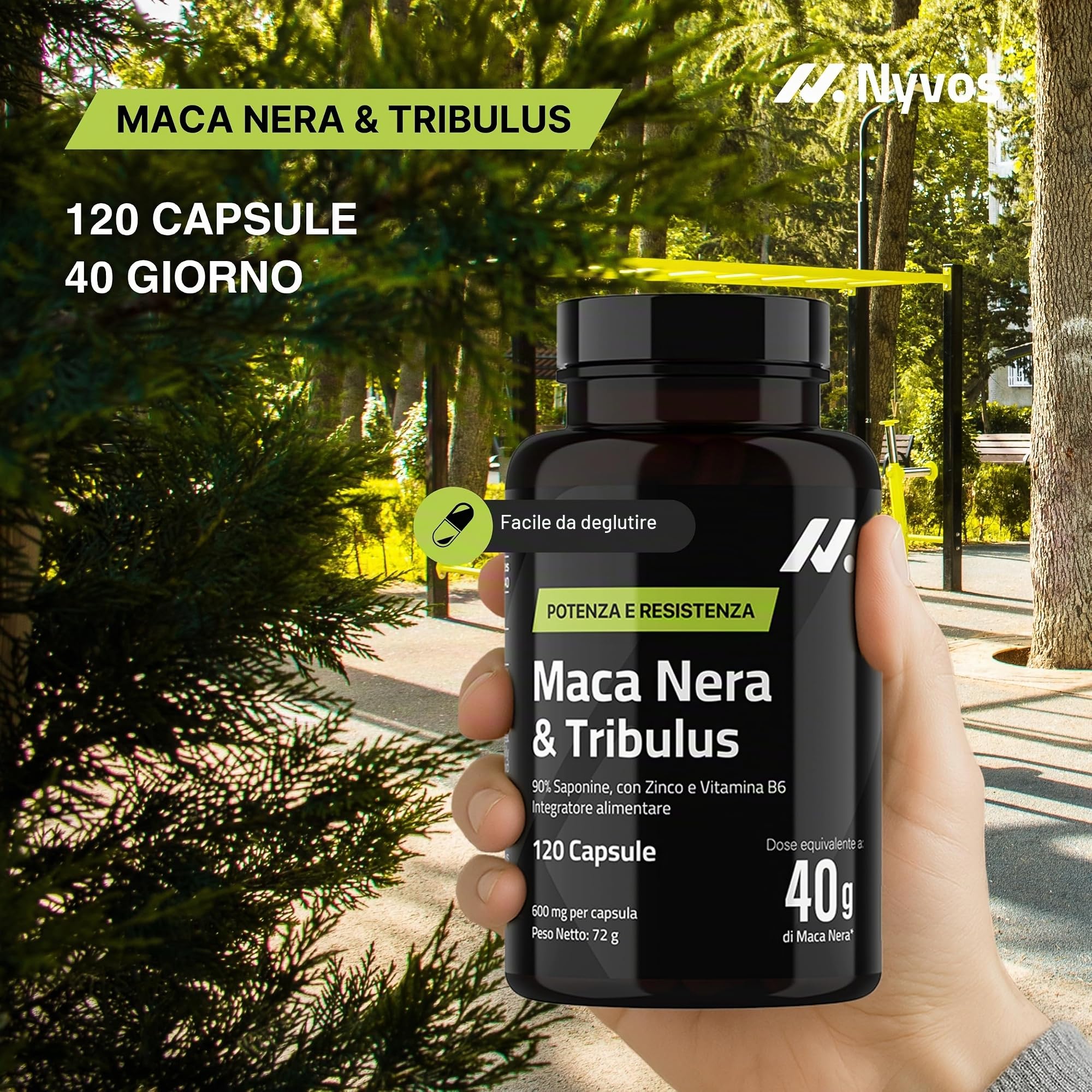 Tribulus Terrestris 90% Saponine + Maca Nera 40.000 mg – con Zinco e Vitamina B6 – 120 Capsule Vegane – Nyvos