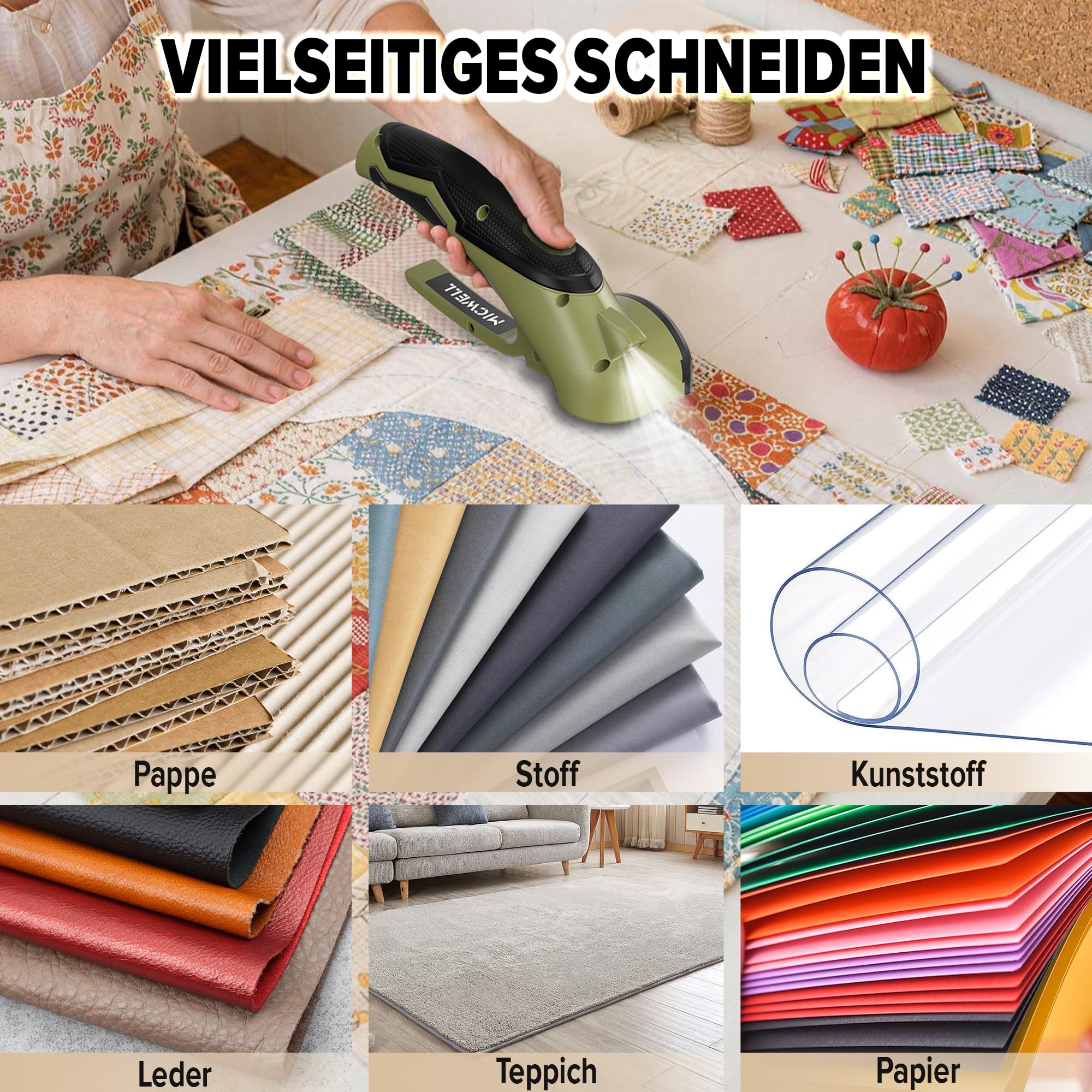 MICWELL Kartonschneider Elektrische Schere mit 4 Selbstschärfende Klingen - 4V Kabellose Rollschneide mit Sicherheitsschloss & LED-Licht, für Karton, Stoff, Leder, Kunststoff und Teppich