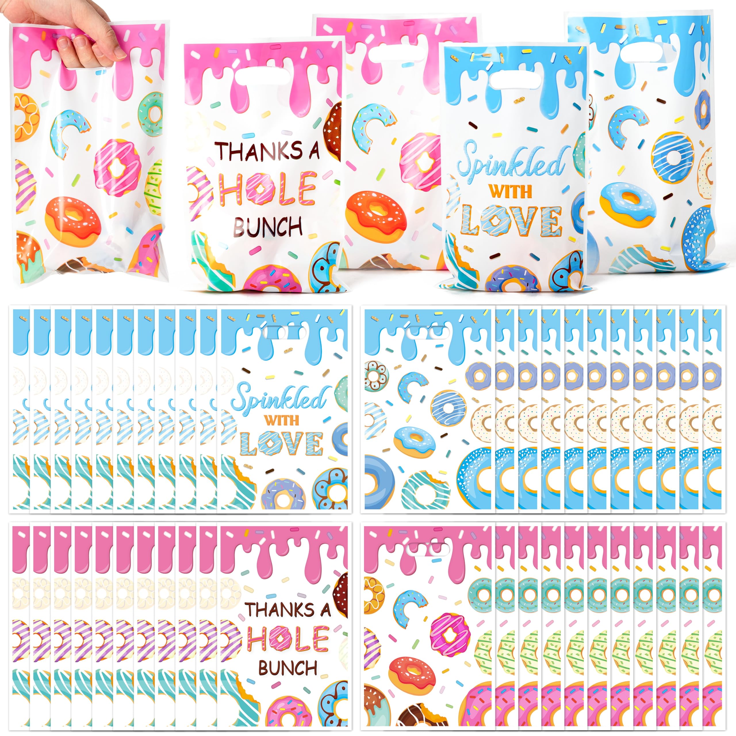 G1ngtar 100Pcs Donut Party Favor Bags - Sweet Doughnut Goodie Candy Treat Gifts Waterproof Plastic Bags for Kids Birthday Party Decoration Supplies