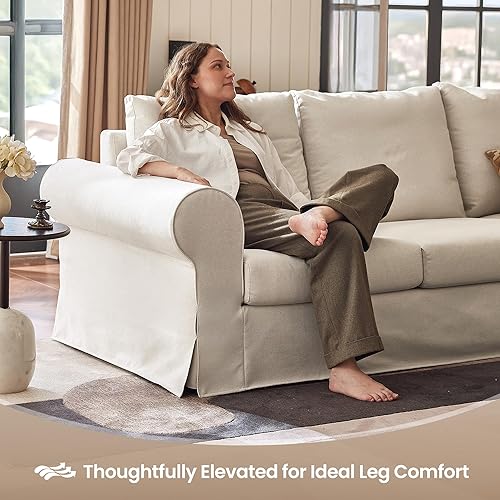 Miniatura 5 de Sofá de 3 plazas de 89 pulgadas, sofá con funda lavable, cojines de apoyo y marco resistente, sofás blancos con brazo enrollado para sala de estar,