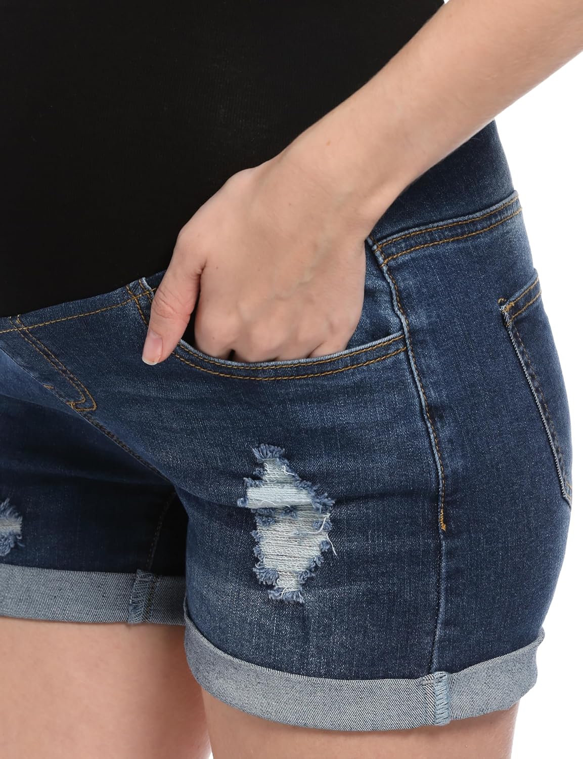 Maternity Denim Shorts High Waist Distressed Cuffed Hem Stretchy Comfy Jeans Short Pants Casual Pregnancy Shorts - Image 3