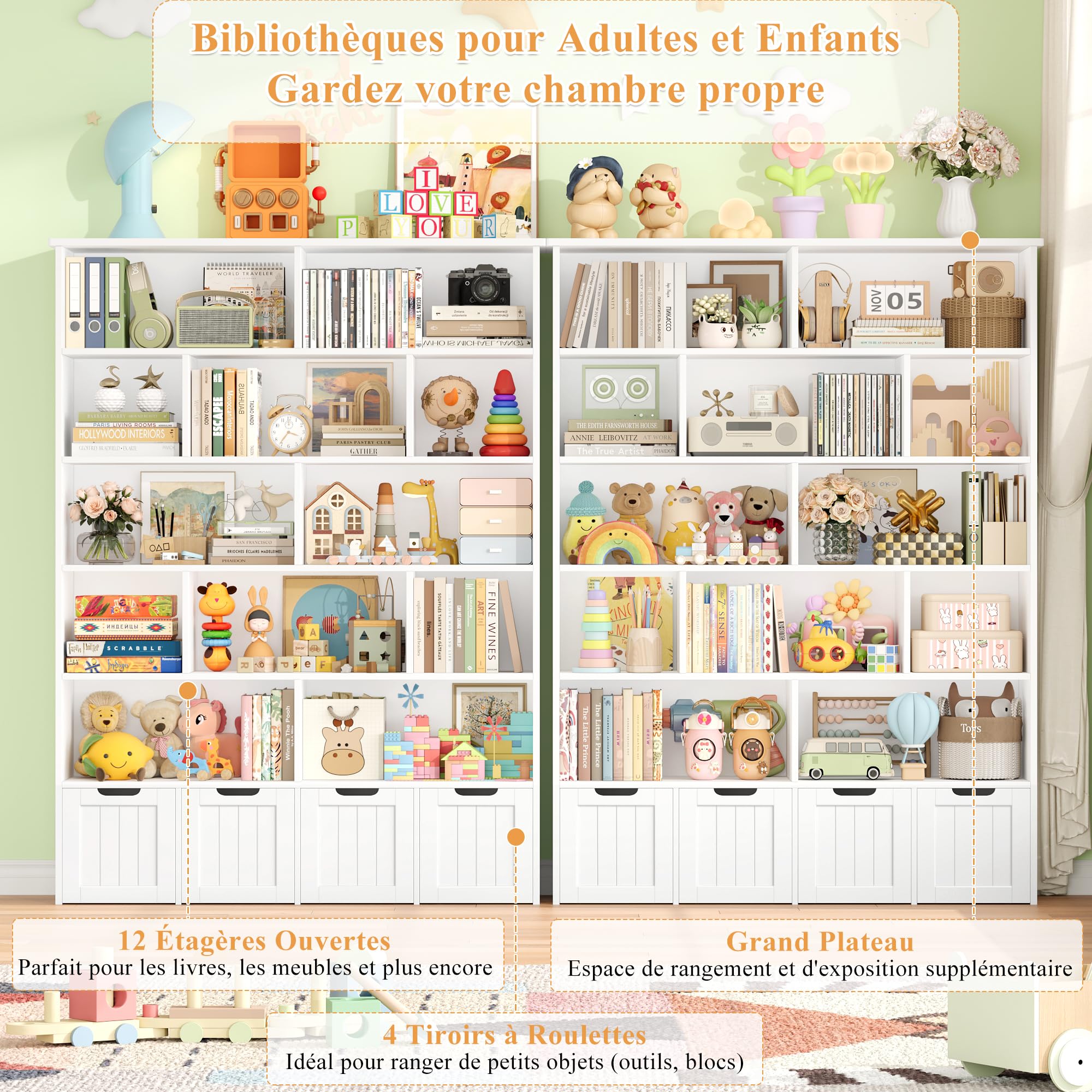 FOREHILL Meuble de Rangement Enfant Bibliothèque Enfant avec 13 Étagères 4 Tiroirs Roulants Rangement Jouet pour Chambre d’Enfant Salle de Jeu 125.5x33x175cm Blanc