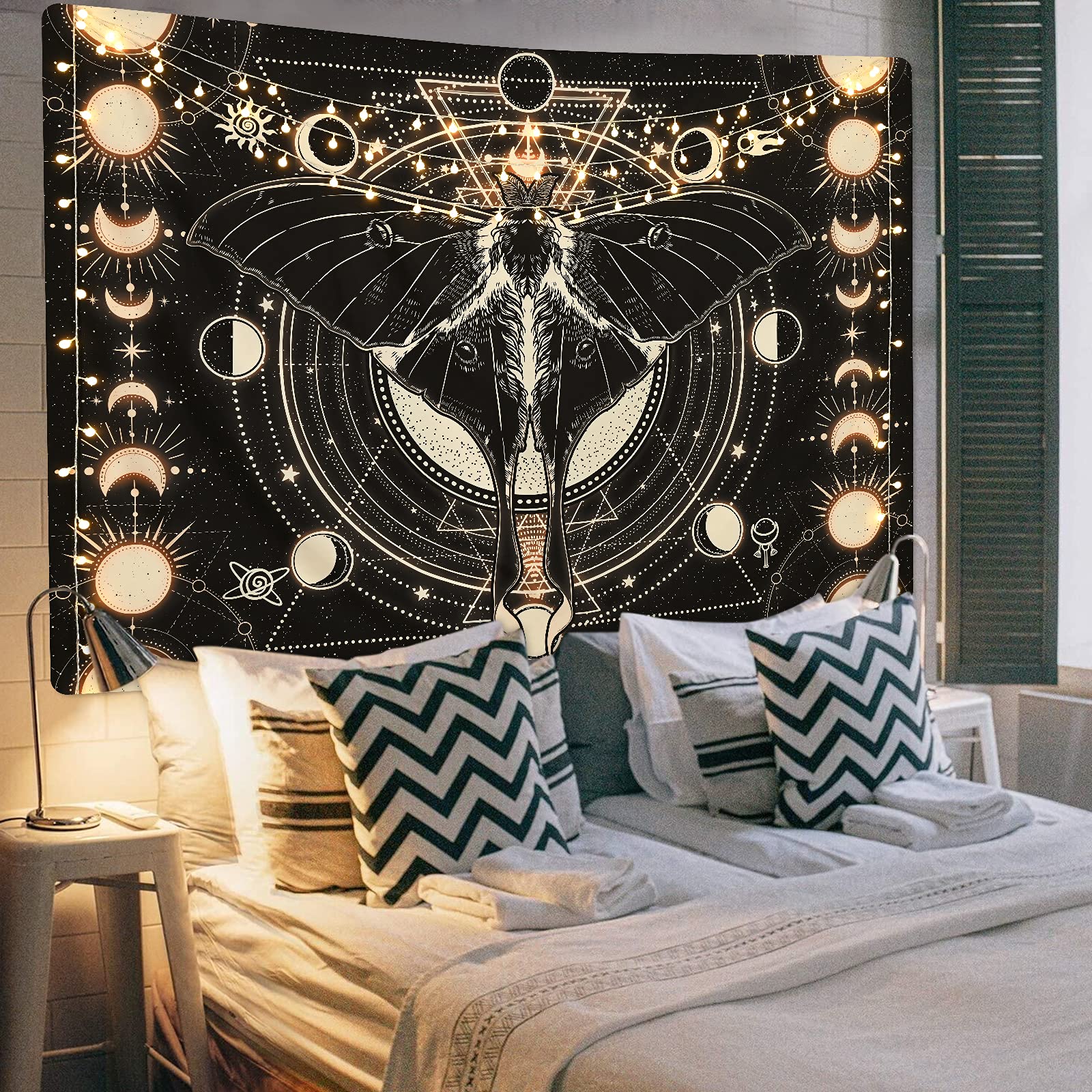 Boniboni Black Moon Phase Tapestry Vintage Butterfly Tapestry Psychedelic Moth Tapestry Moon And Stars Tapestries Aesthetic Wall Art Tapestry Wall Hanging For Room, 70.9'' × 92.5''