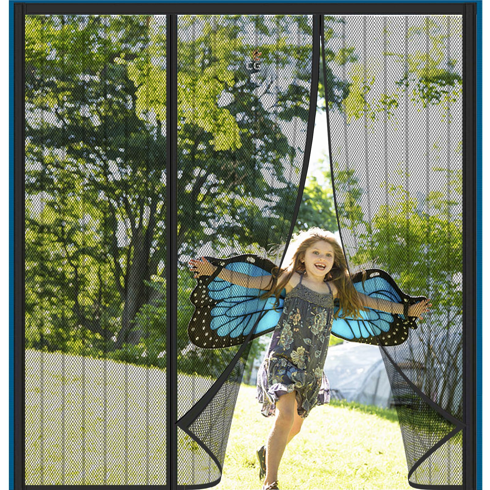Alwayswhy Magnetic Fly Screen Door, Double Door Anti Mosquito Mesh Fly Curtain, Heavy Duty Fly Door Screen Mesh, for Balcony Sliding Doors, Black Stripes, 290(96/98/96) x250cm — image 1