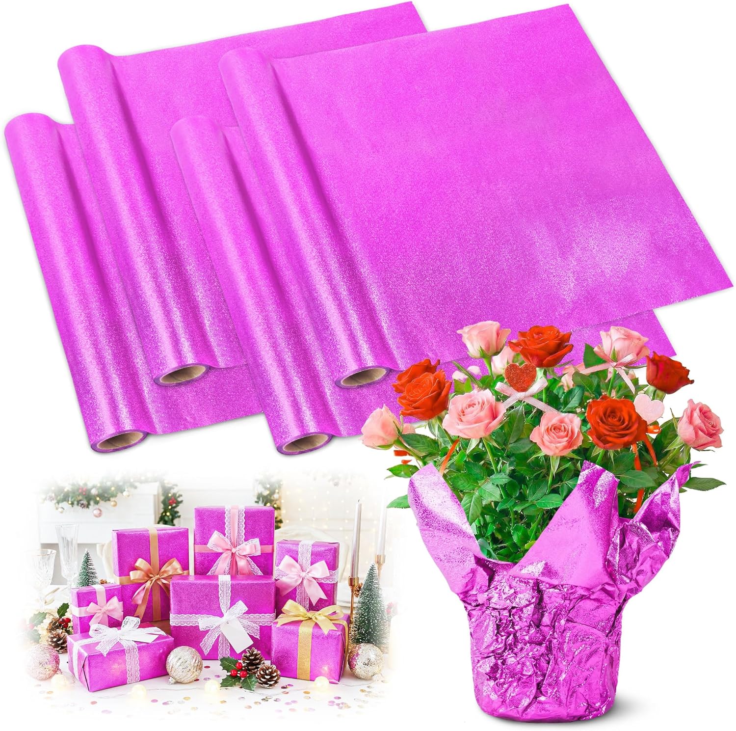 22 Yard Plant Pot Floral Foil, Matte Texture Floral Foil Plant Pot Covers, Pink Florals Foils Wrapping Paper for Home Garden Pots Vases DIY Mother's Day Decoration(4 Rolls-Matte Pink)