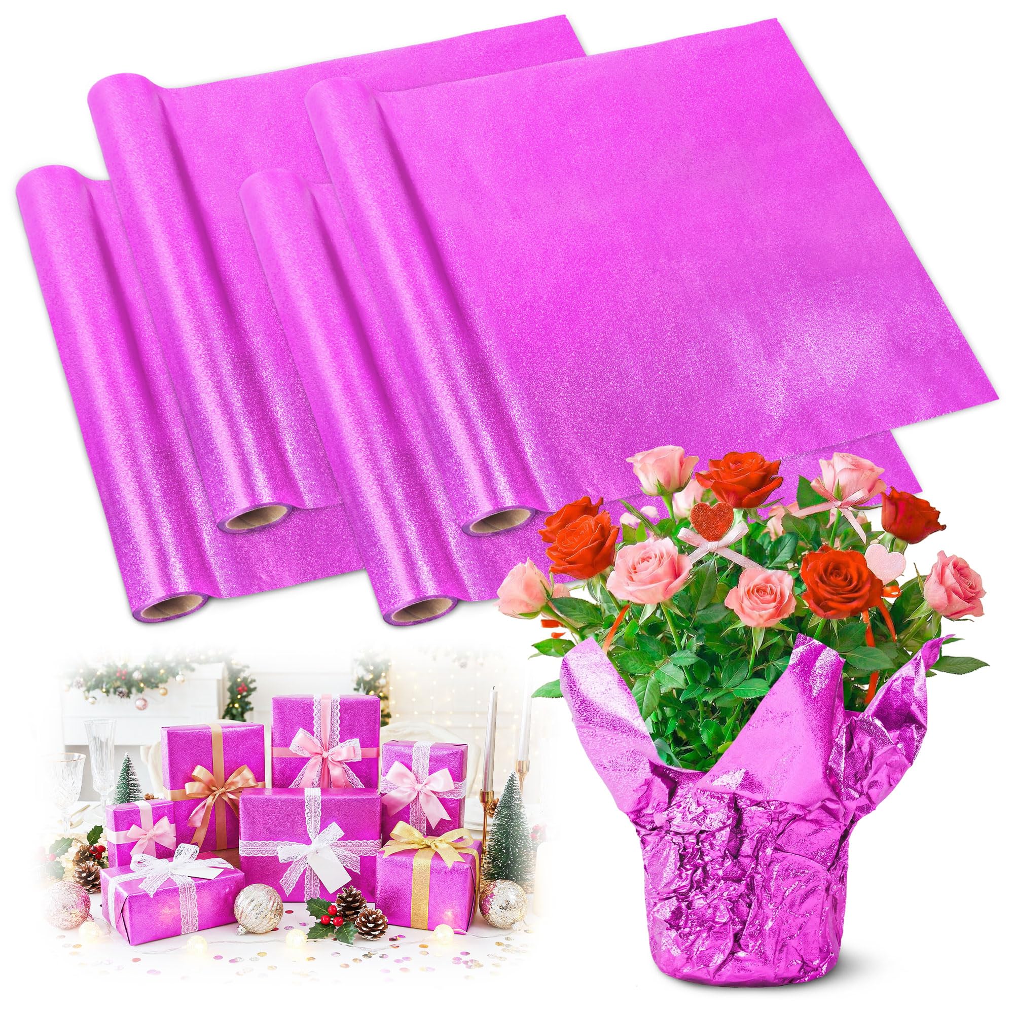 UCandy Plant Pot Floral Foil, Matte Texture Floral Foil Festival Plant Pot Covers, Golden Florals Foils Wrapping Paper for Home Garden Pots Vases DIY Decoration (rose-pink, 22yard)