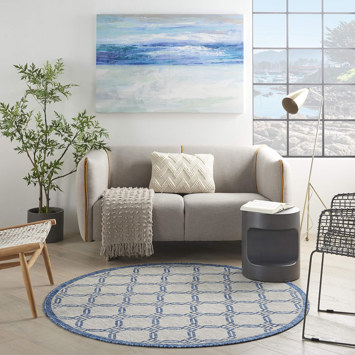 Nourison Home Garden Party Ivory Blue 5'3" x Round Area Rug, Traditional, Trellis, Bed Room, Living Room, Dining Room, Kitchen, Easy Clean, Non Shedding, (5' Round)