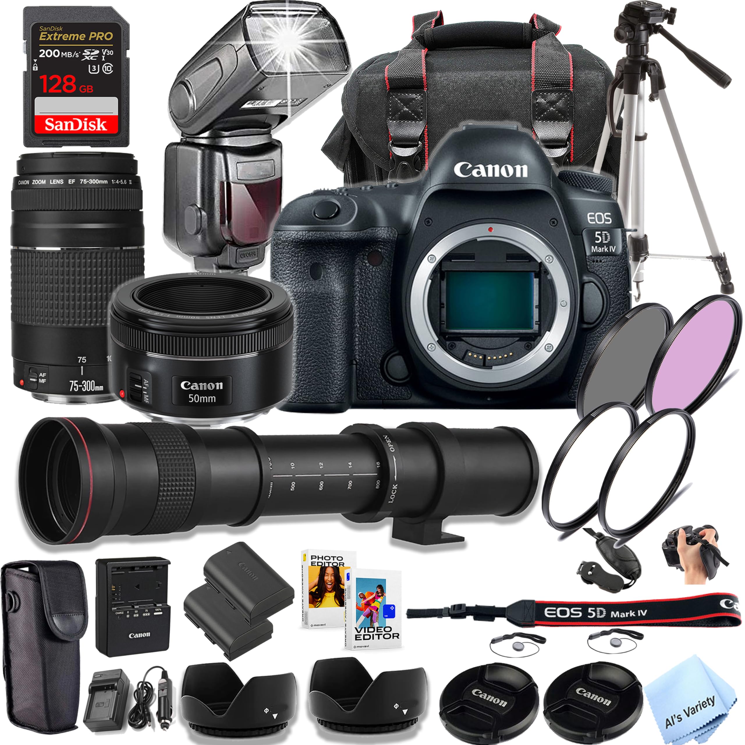 Canon EOS 5D Mark IV DSLR Camera with 50mm + 75-300mm Lenses + 420-800mm Preset Lens + TTL Speed Light Flash + 128GB Extreme Speed Memory, Filters, Case, Tripod + More (Pro Photo Bundle) (Renewed)
