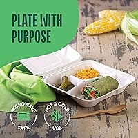 Vista 3 de Recipientes de alimentos 100% compostables para llevar [8 x 8 pulgadas, 3 compartimentos, paquete de 50 unidades], contenedores de calidad