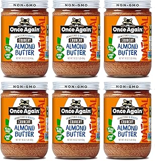 Once Again Natural Crunchy Almond Butter, 16oz - Roasted - Salt Free, Unsweetened - Gluten Free Certified, Peanut Free, Vegan, Kosher, Paleo - Glass Jar - Case of 6