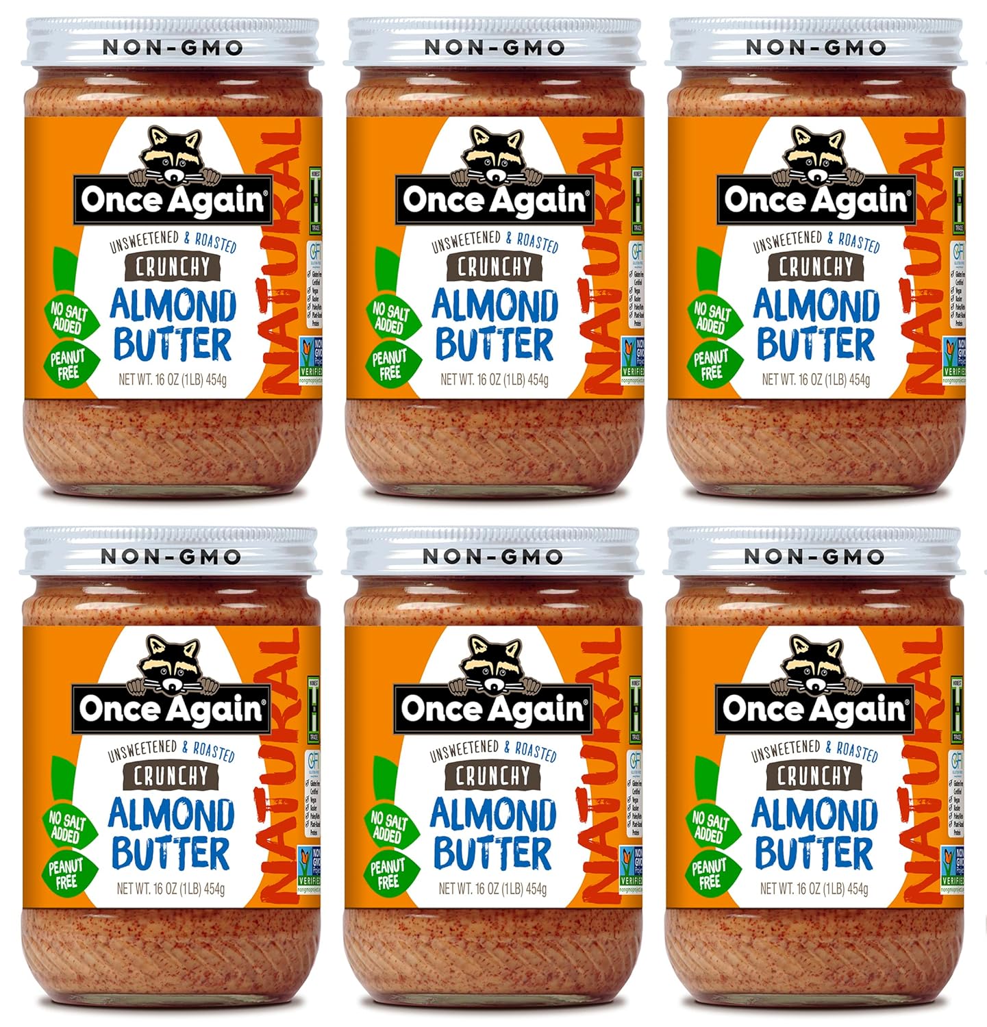 Once Again Natural Crunchy Almond Butter, 16oz - Roasted - Salt Free, Unsweetened - Gluten Free Certified, Peanut Free, Vegan, Kosher, Paleo - Glass Jar - Case of 6