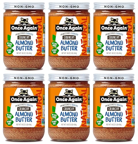 Once Again Mantequilla de almendras crujientes naturales, 16 onzas, tostada, sin sal, sin azúcar, certificado sin gluten, sin maní, vegano, kosher,