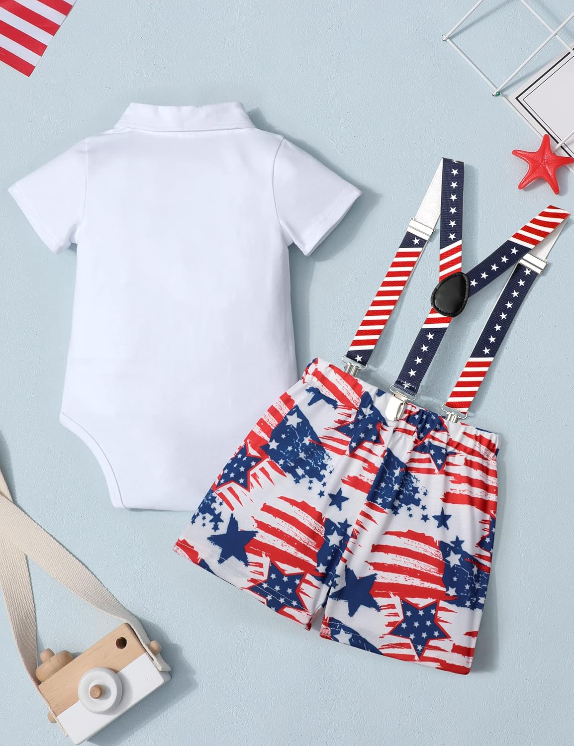 AGAPENG 4th of July Baby Boy Outfit My First Gentleman Romper with Bowtie Stars Stripes American Flag Suspender Shorts Summer - Image 6