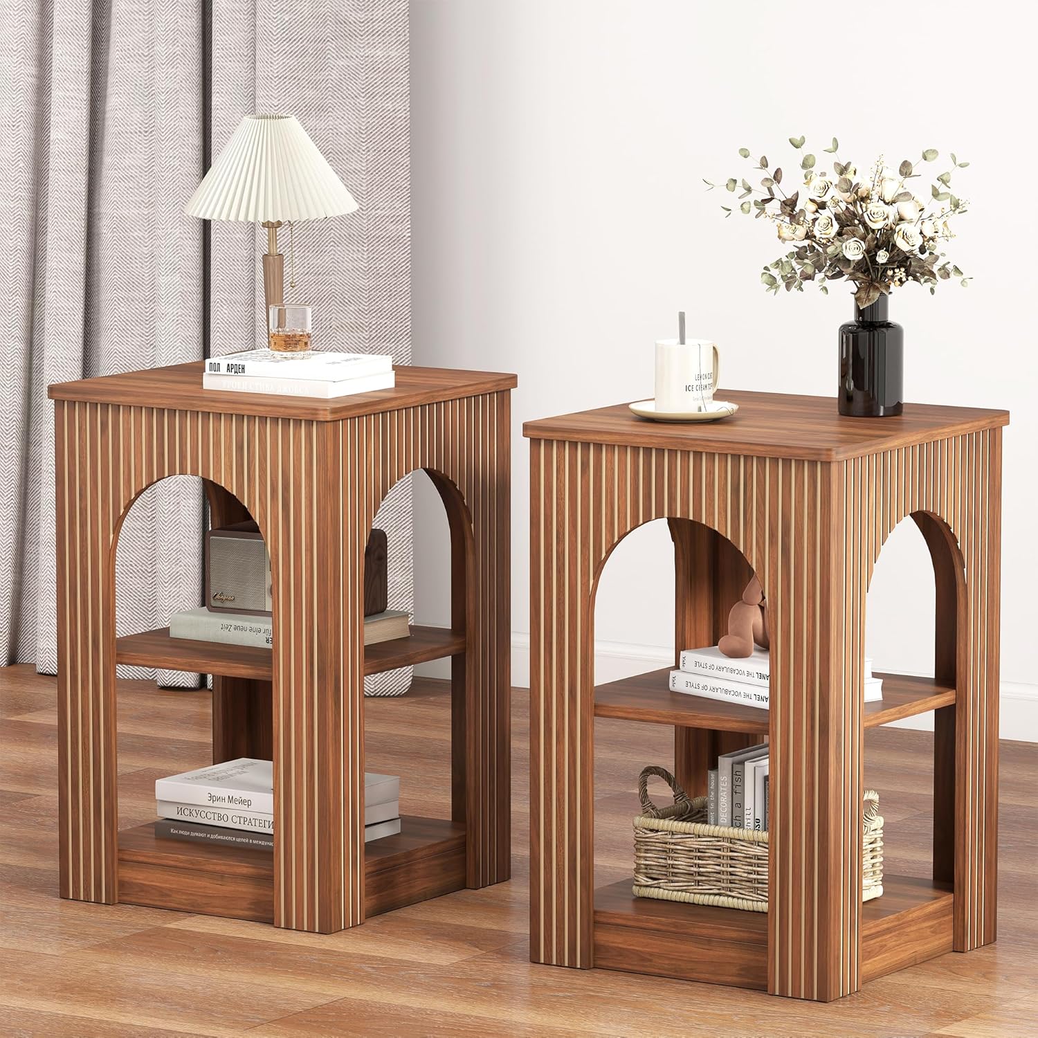weselon End Table Set of 2, Mid-Century Modern Side Table with 3-Tier Storage Shelves and Arched Carving Lines, Square Fluted Nightstand for Living Room, Bedroom, or Office (2, Walnut)
